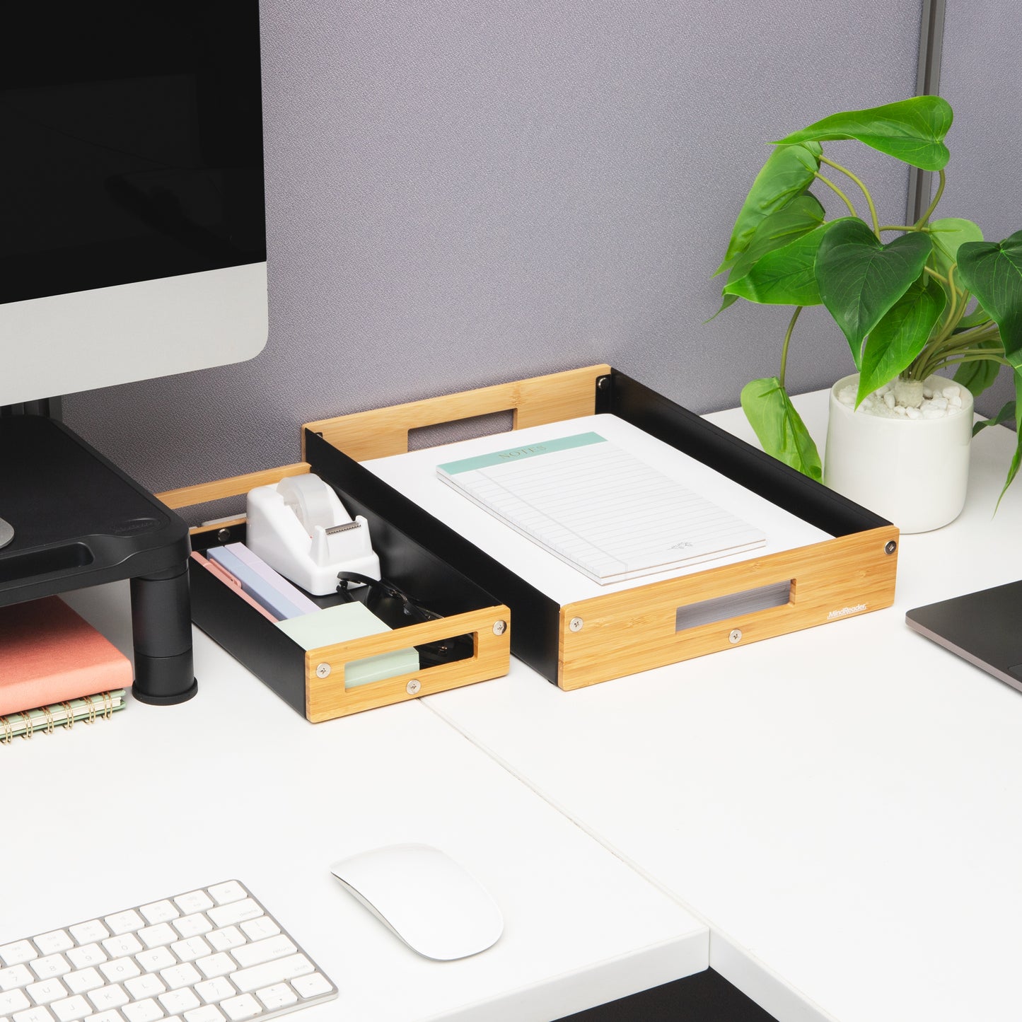 Mind Reader Metal and Wood Tiered Desktop Organizer Trays with Cutout Handles, Stackable Office Storage, Office, Entryway, Coffee Station and Home Organization, Metal and Wood, Set of 2