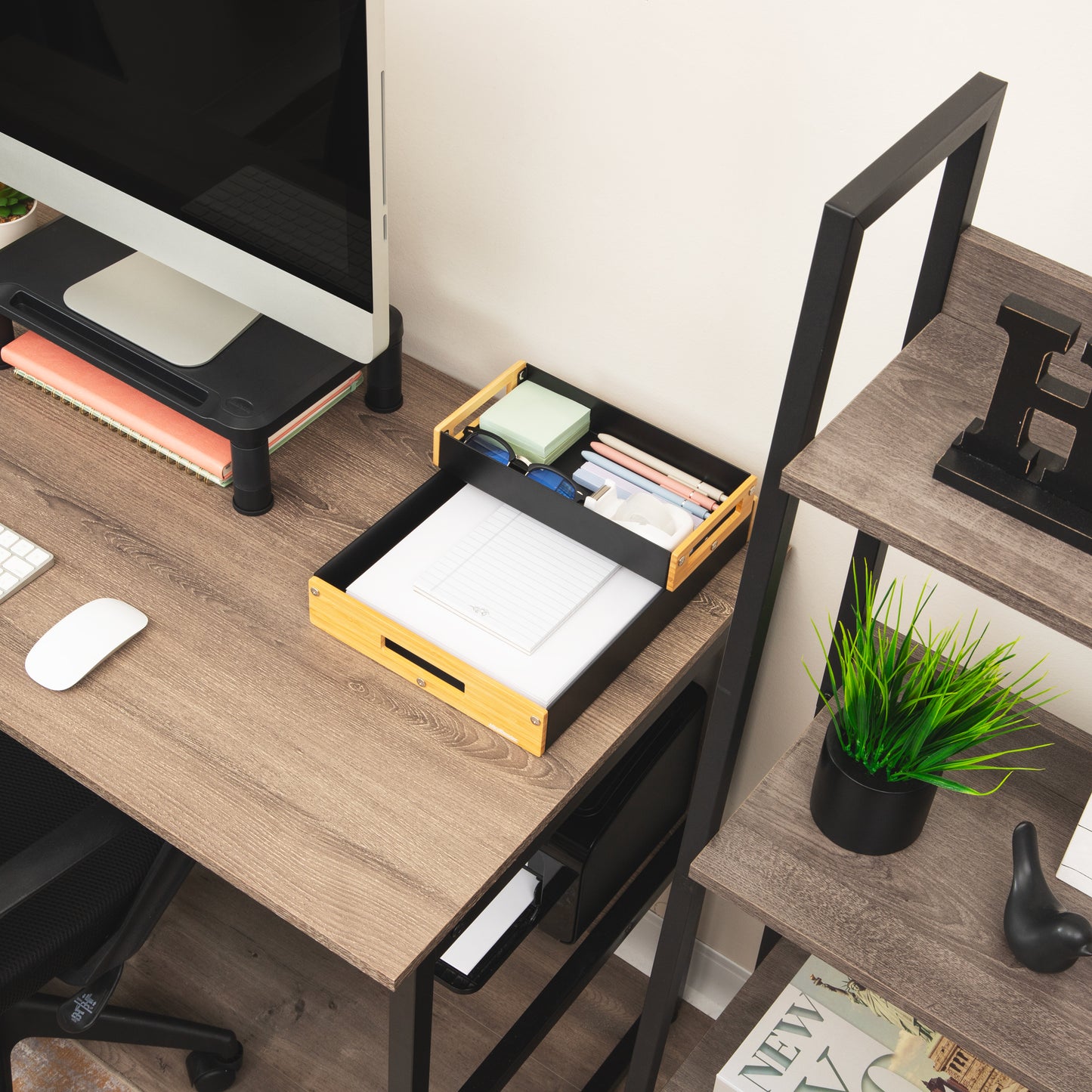 Mind Reader Metal and Wood Tiered Desktop Organizer Trays with Cutout Handles, Stackable Office Storage, Office, Entryway, Coffee Station and Home Organization, Metal and Wood, Set of 2