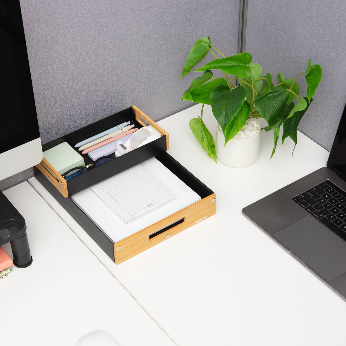 Mind Reader Metal and Wood Tiered Desktop Organizer Trays with Cutout Handles, Stackable Office Storage, Office, Entryway, Coffee Station and Home Organization, Metal and Wood, Set of 2