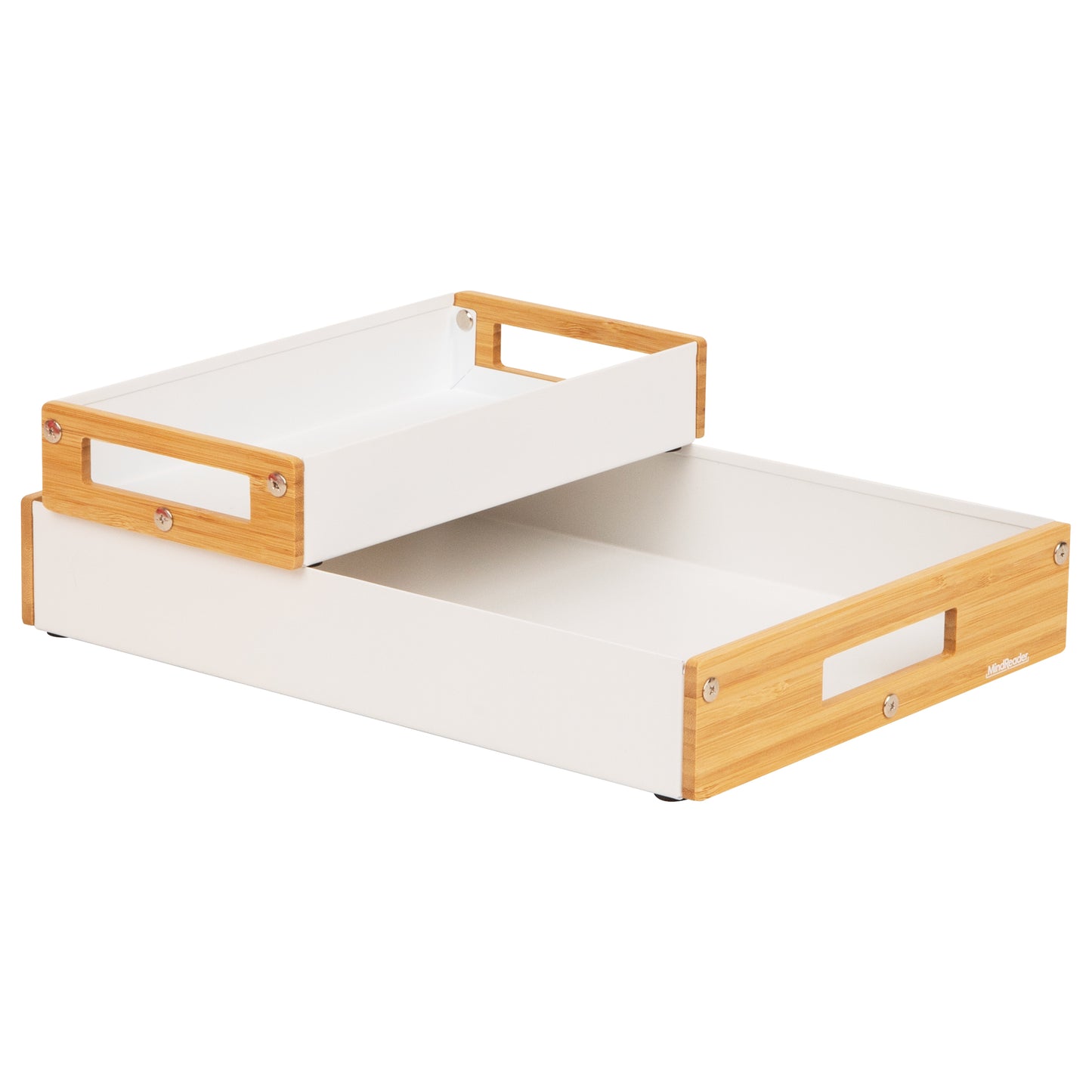 Mind Reader Metal and Wood Tiered Desktop Organizer Trays with Cutout Handles, Stackable Office Storage, Office, Entryway, Coffee Station and Home Organization, Metal and Wood, Set of 2