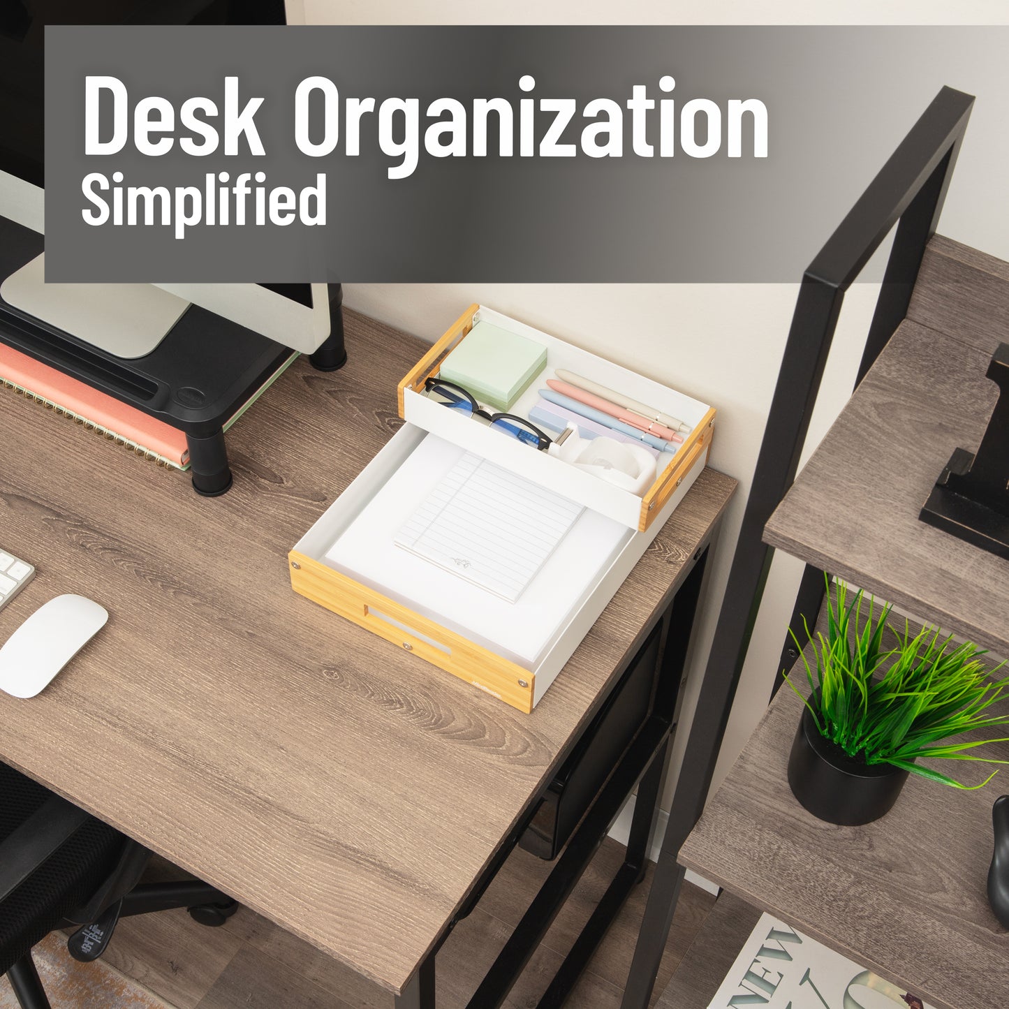 Mind Reader Metal and Wood Tiered Desktop Organizer Trays with Cutout Handles, Stackable Office Storage, Office, Entryway, Coffee Station and Home Organization, Metal and Wood, Set of 2