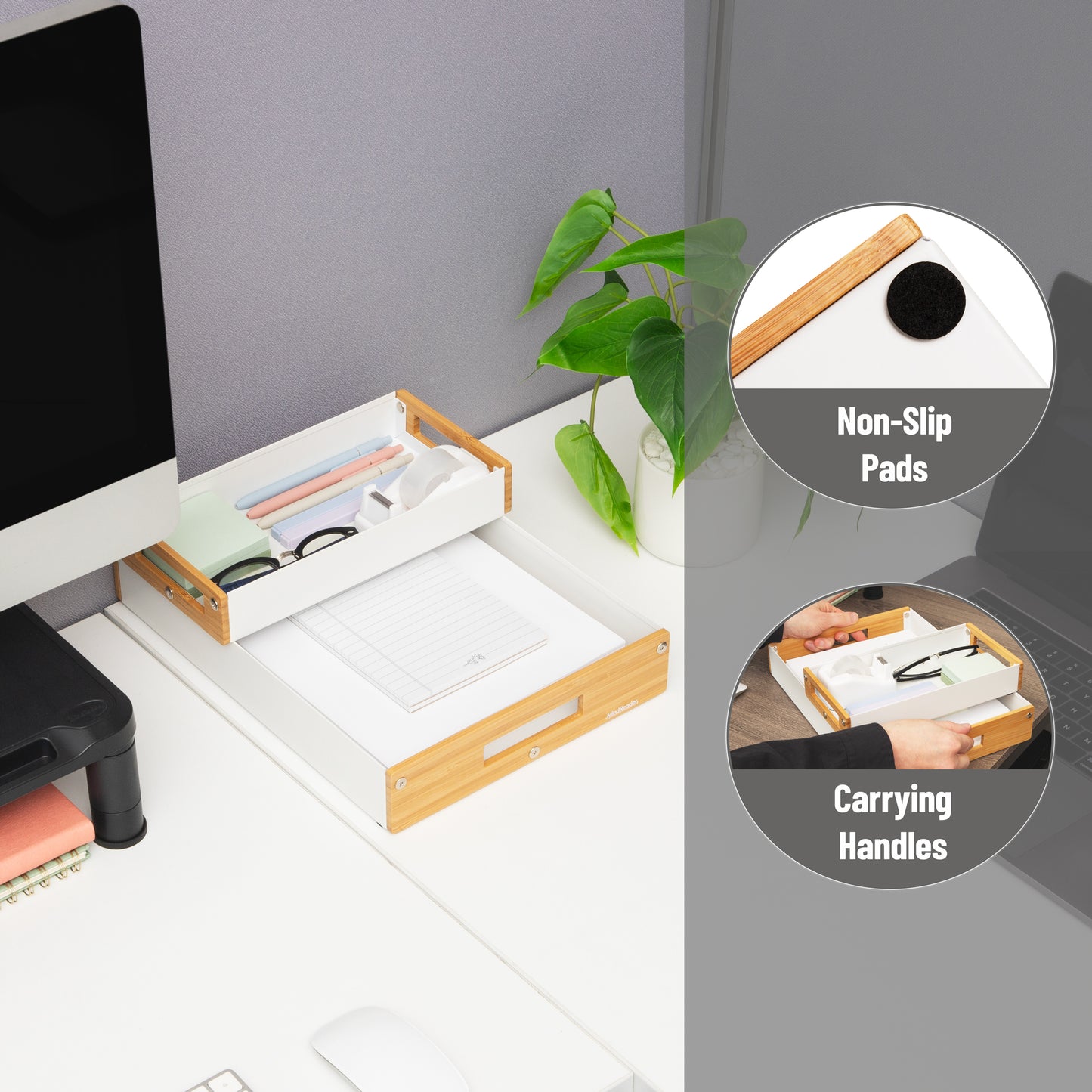 Mind Reader Metal and Wood Tiered Desktop Organizer Trays with Cutout Handles, Stackable Office Storage, Office, Entryway, Coffee Station and Home Organization, Metal and Wood, Set of 2