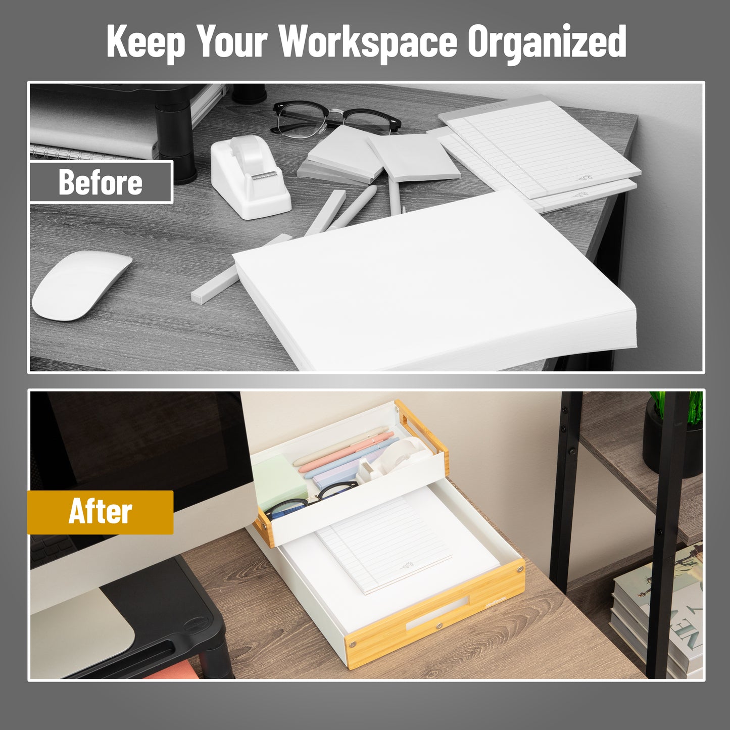 Mind Reader Metal and Wood Tiered Desktop Organizer Trays with Cutout Handles, Stackable Office Storage, Office, Entryway, Coffee Station and Home Organization, Metal and Wood, Set of 2