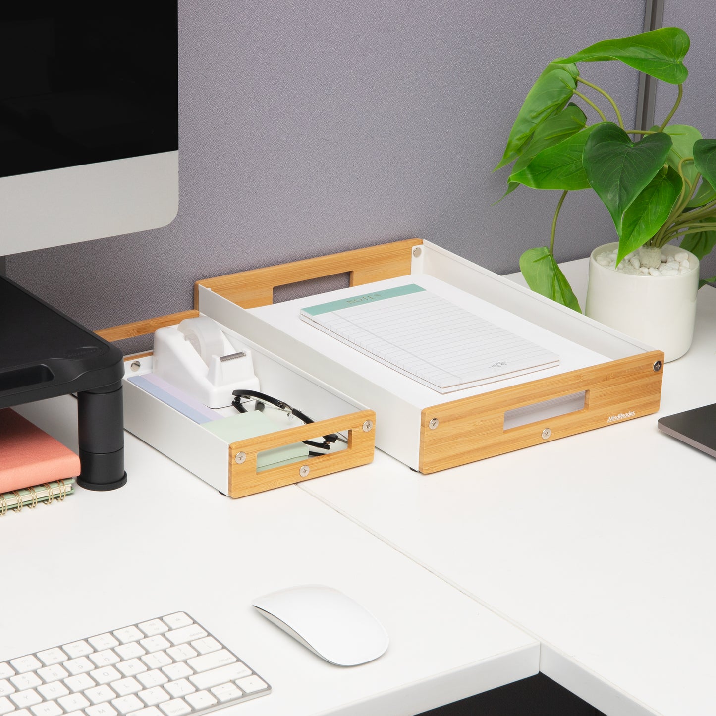 Mind Reader Metal and Wood Tiered Desktop Organizer Trays with Cutout Handles, Stackable Office Storage, Office, Entryway, Coffee Station and Home Organization, Metal and Wood, Set of 2