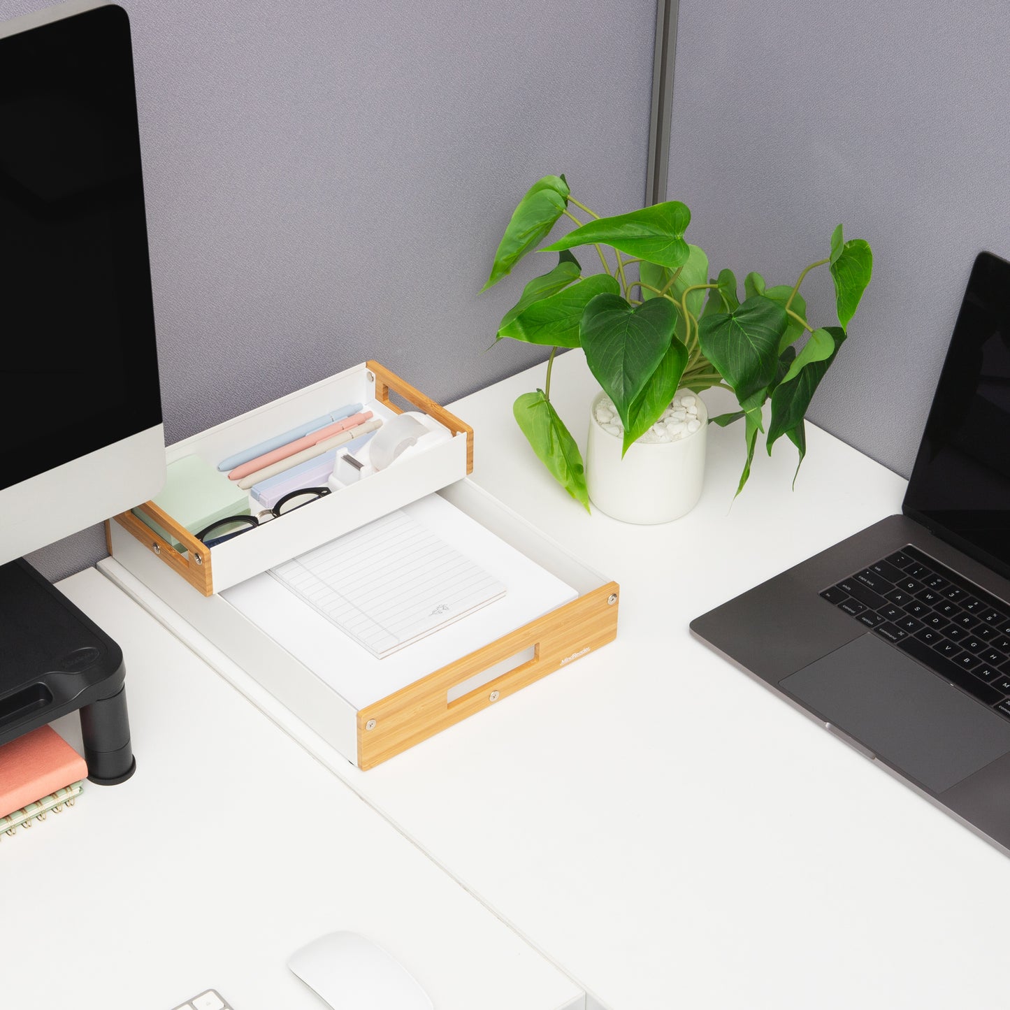 Mind Reader Metal and Wood Tiered Desktop Organizer Trays with Cutout Handles, Stackable Office Storage, Office, Entryway, Coffee Station and Home Organization, Metal and Wood, Set of 2