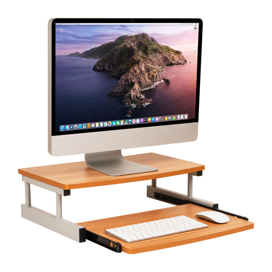 Mind Reader Monitor Stand, Sliding Keyboard Drawer, Laptop, Riser, Office, Wood,Metal, 20"L x 14.75"W x 5.9"H, Brown, Silver