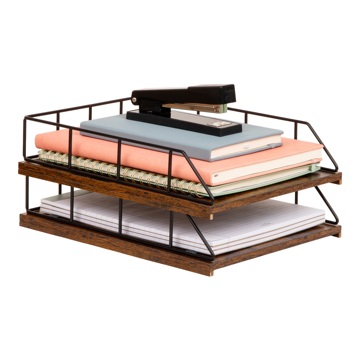 Mind Reader 2-Tier Rustic Paper Tray Organizer with Metal Frame, Wood Base for Desk or Office, Stackable, Metal and Wood, Black