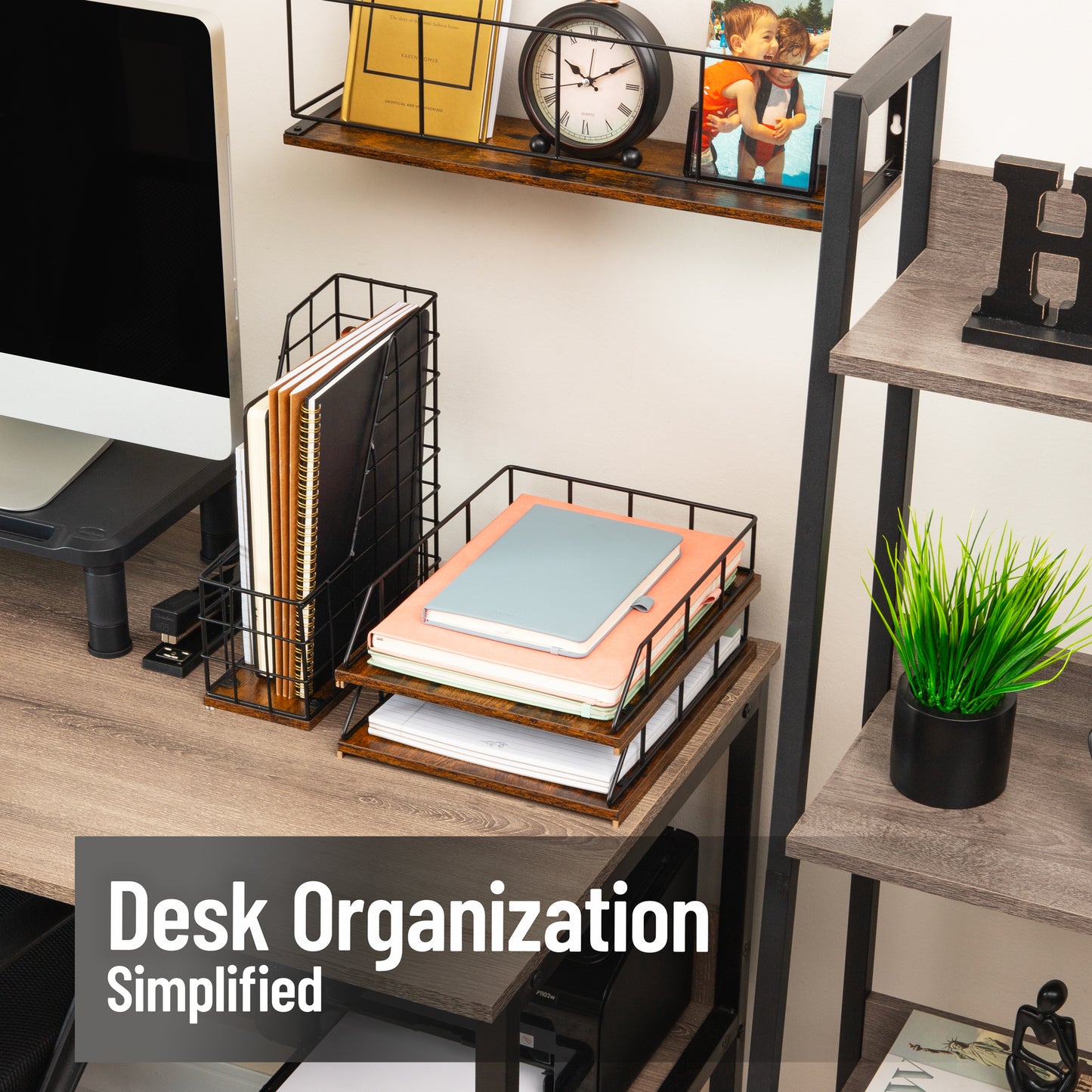 Mind Reader 2-Tier Rustic Paper Tray Organizer with Metal Frame, Wood Base for Desk or Office, Stackable, Metal and Wood, Black