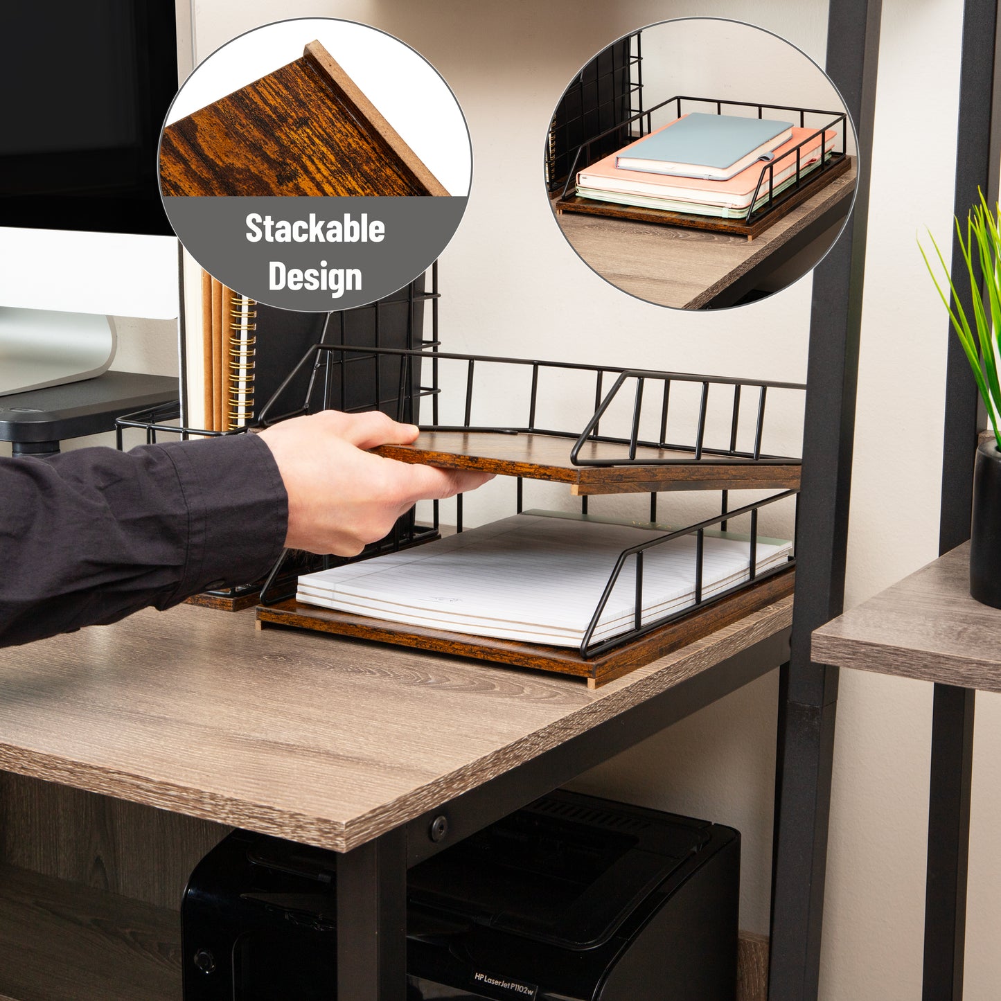 Mind Reader 2-Tier Rustic Paper Tray Organizer with Metal Frame, Wood Base for Desk or Office, Stackable, Metal and Wood, Black