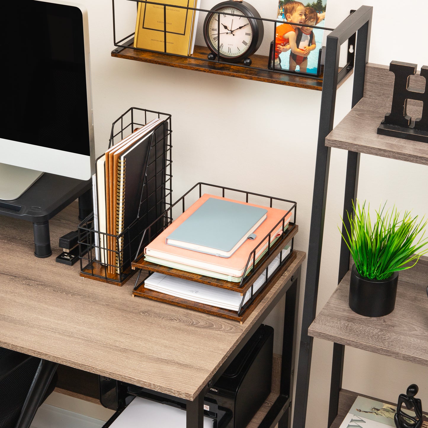 Mind Reader 2-Tier Rustic Paper Tray Organizer with Metal Frame, Wood Base for Desk or Office, Stackable, Metal and Wood, Black