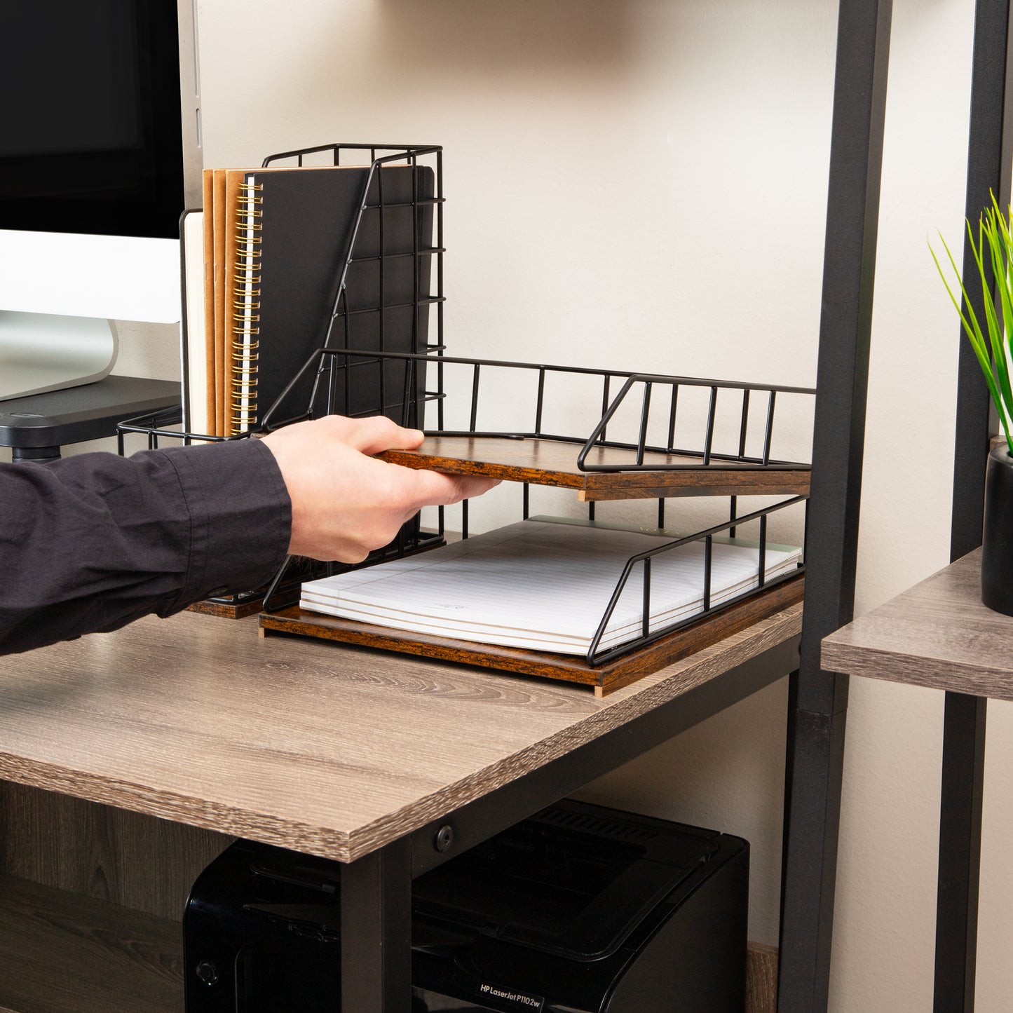 Mind Reader 2-Tier Rustic Paper Tray Organizer with Metal Frame, Wood Base for Desk or Office, Stackable, Metal and Wood, Black