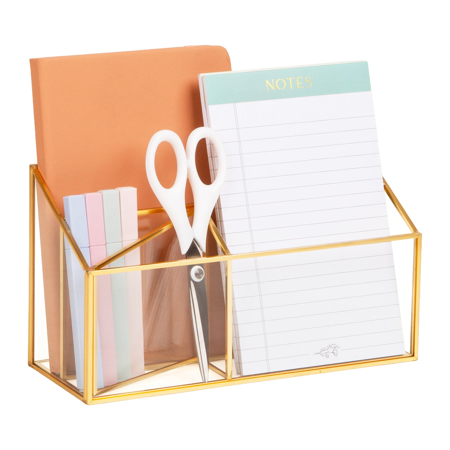 Mind Reader 4-Compartment Glass Desktop Organizer with Copper Trim, Angled Design for Office Supplies, Makeup & Accessories, Glass and Copper, Clear