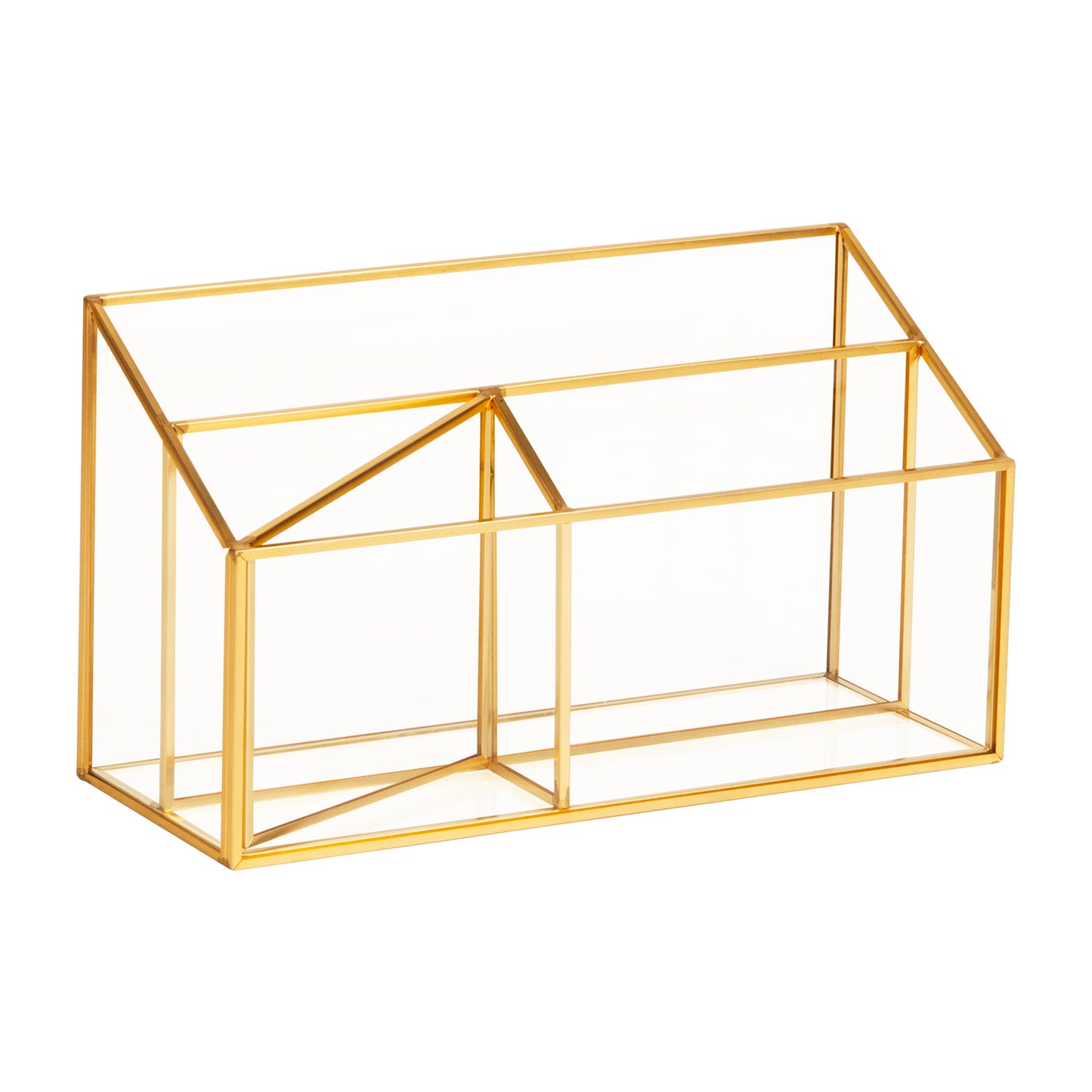 Mind Reader 4-Compartment Glass Desktop Organizer with Copper Trim, Angled Design for Office Supplies, Makeup & Accessories, Glass and Copper, Clear