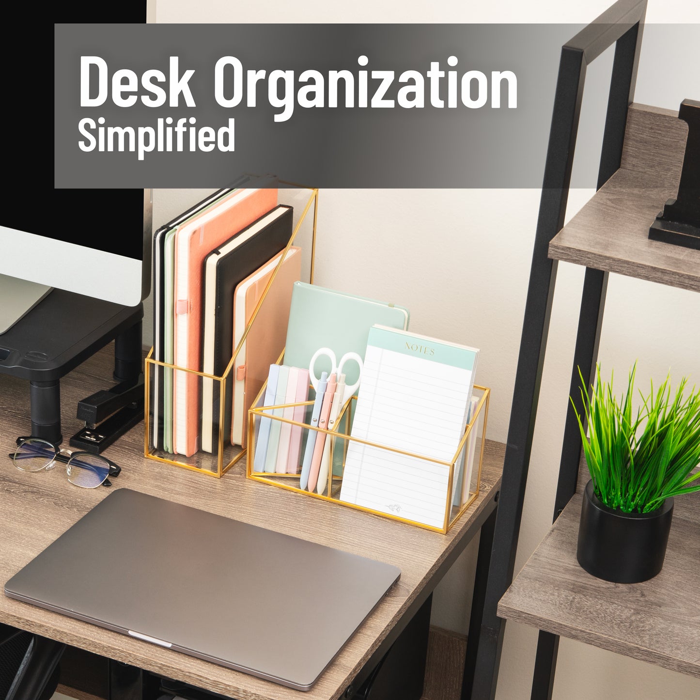Mind Reader 4-Compartment Glass Desktop Organizer with Copper Trim, Angled Design for Office Supplies, Makeup & Accessories, Glass and Copper, Clear