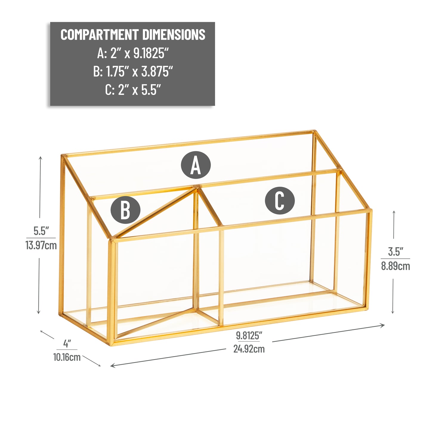 Mind Reader 4-Compartment Glass Desktop Organizer with Copper Trim, Angled Design for Office Supplies, Makeup & Accessories, Glass and Copper, Clear