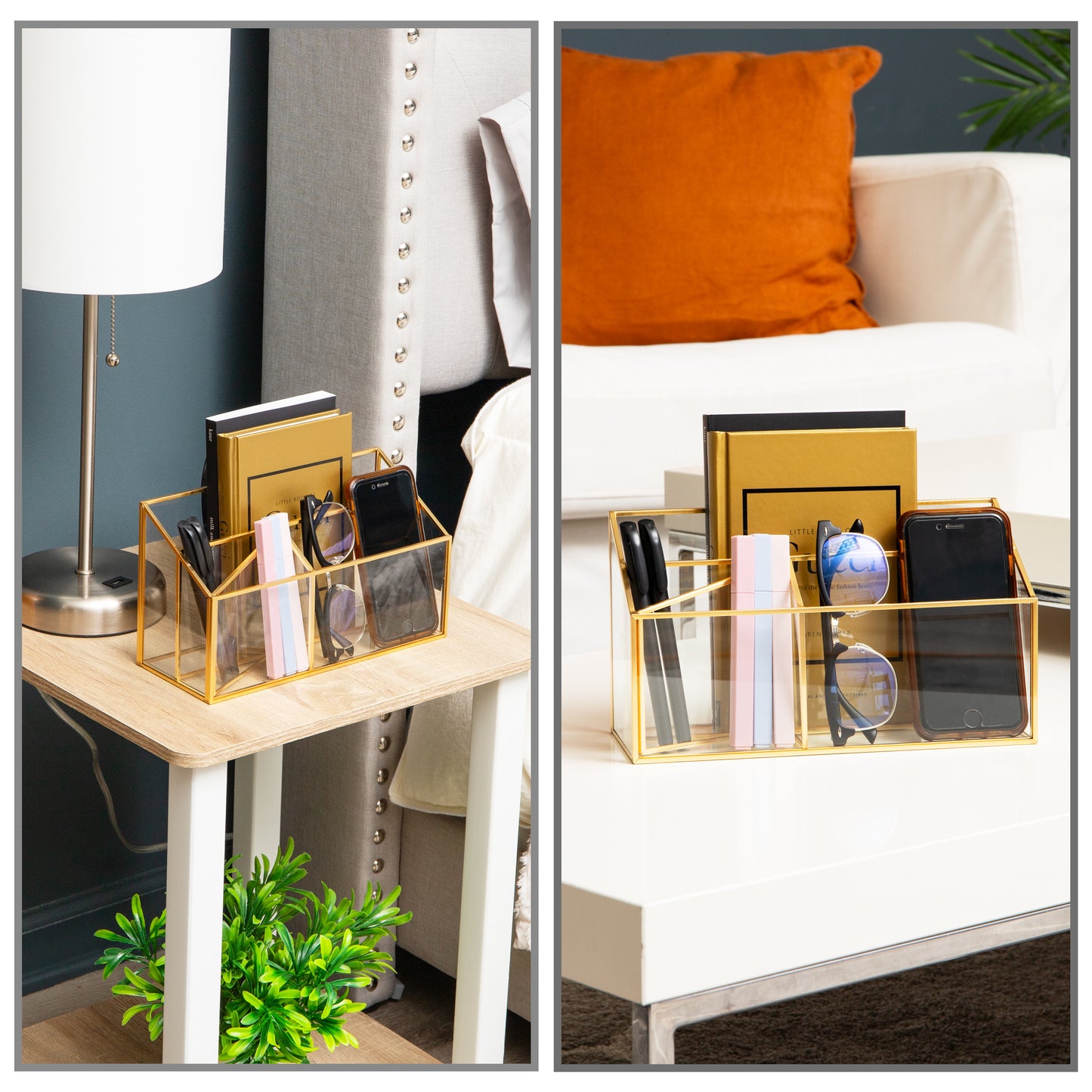 Mind Reader 4-Compartment Glass Desktop Organizer with Copper Trim, Angled Design for Office Supplies, Makeup & Accessories, Glass and Copper, Clear