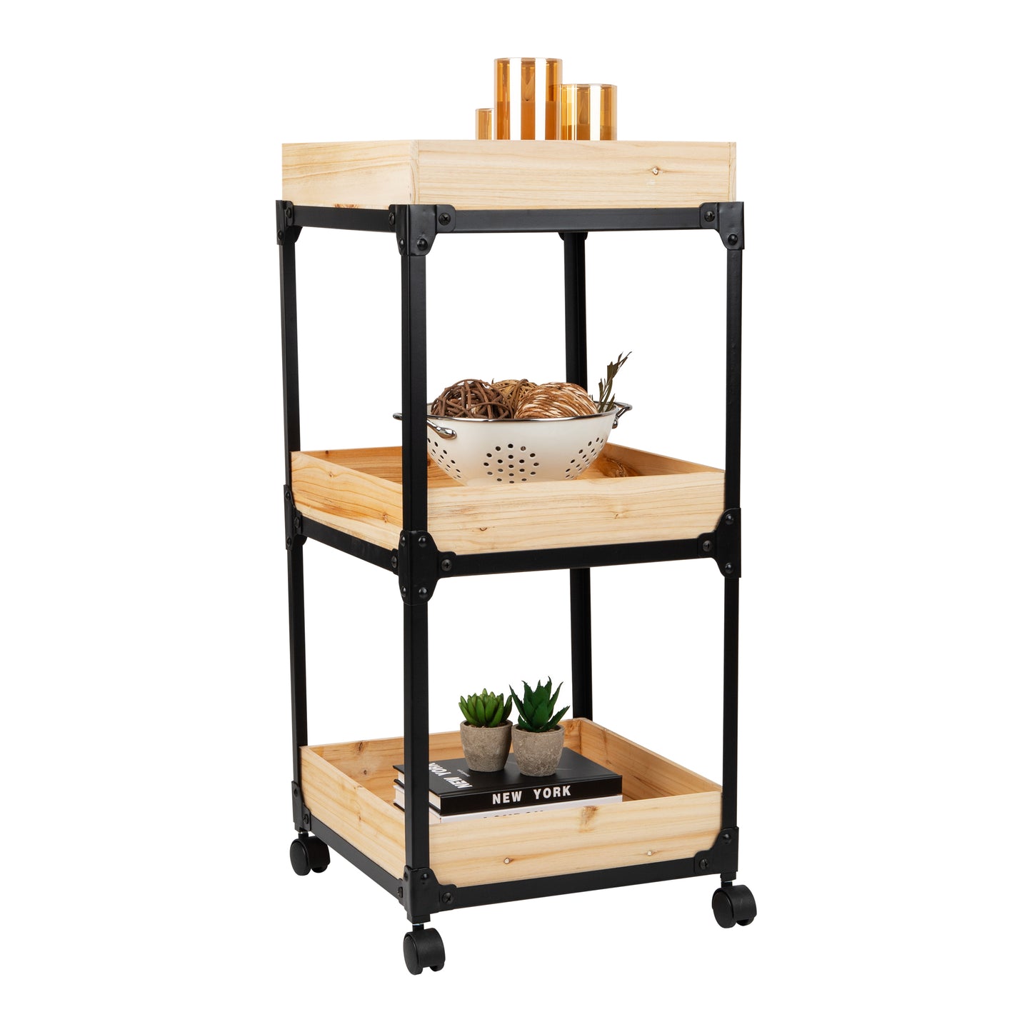 Mind Reader Woodland Collection, Rolling 3-Tier Cart with 3 Wooden Baskets, Utility Cart, Bar Cart, Omnidirectional Smooth Gliding Lockable Wheels, Wood and Metal, Brown