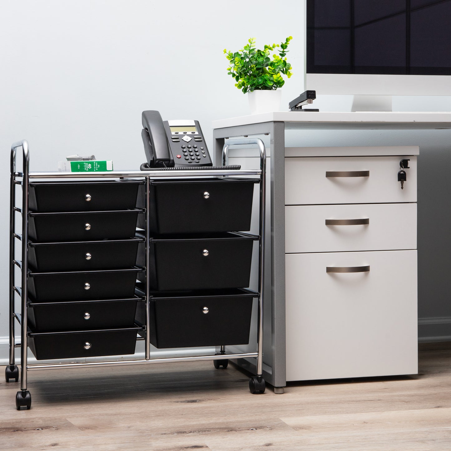 Mind Reader Elevate Collection, 3-Tier, 9-Drawer Mobile Utility Cart, Multi-Purpose, 360° Omnidirectional Casters, Removable Drawers, Metal and Plastic, 24.25"L x 15.25"W x 26.25"H, Black and Silver