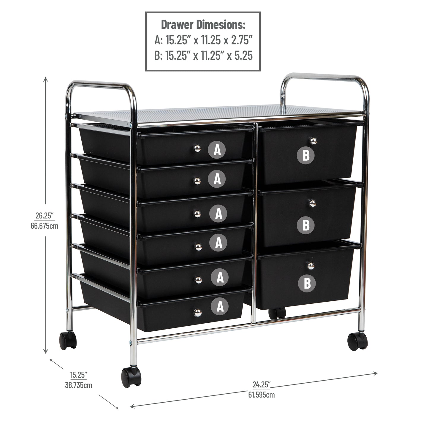 Mind Reader Rolling Cart with Drawers, Utility Cart, Craft Storage, Kitchen, Metal, 24.25"L x 15.25"W x26.25"H, Black, Silver