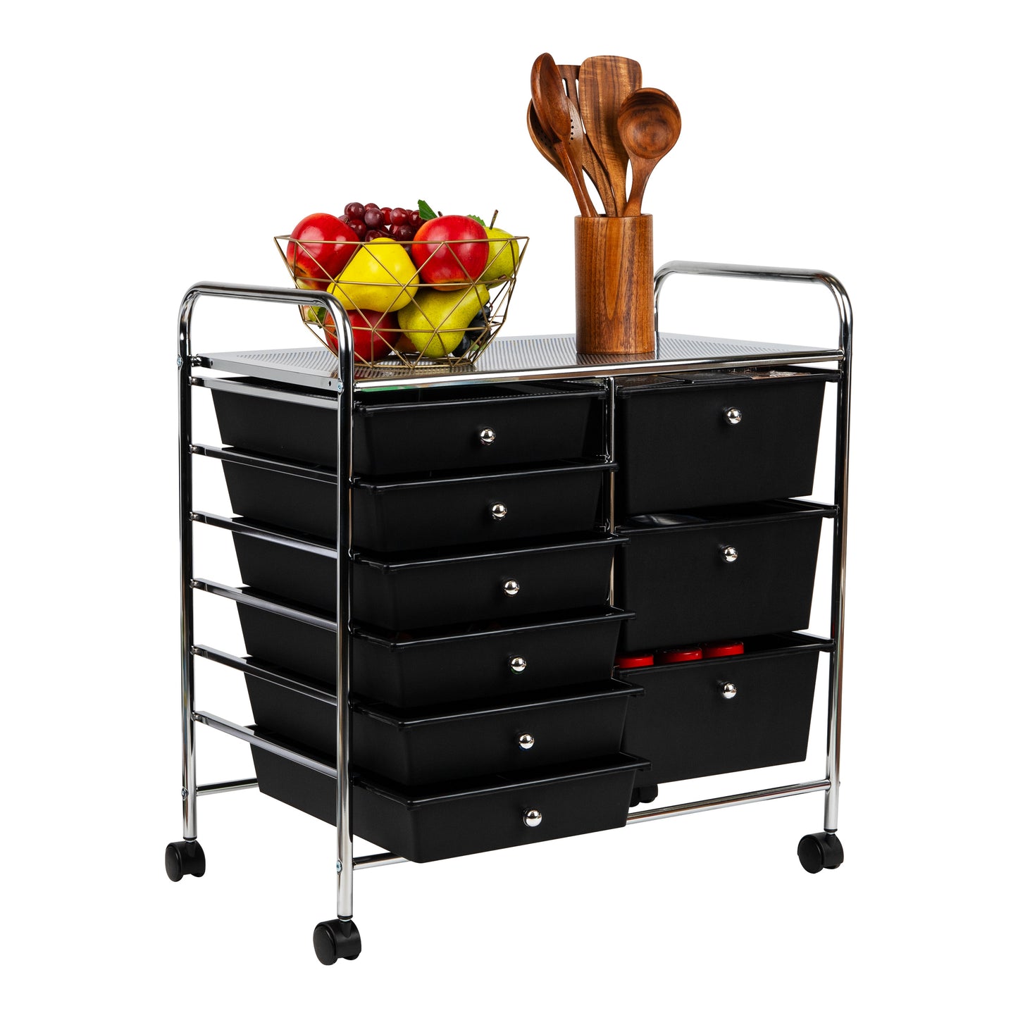 Mind Reader Rolling Cart with Drawers, Utility Cart, Craft Storage, Kitchen, Metal, 24.25"L x 15.25"W x26.25"H, Black, Silver