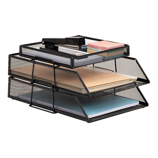 Mind Reader 2 Tier Paper Tray with Top Supply Compartment, Desktop File Organizer, Metal Mesh, Black