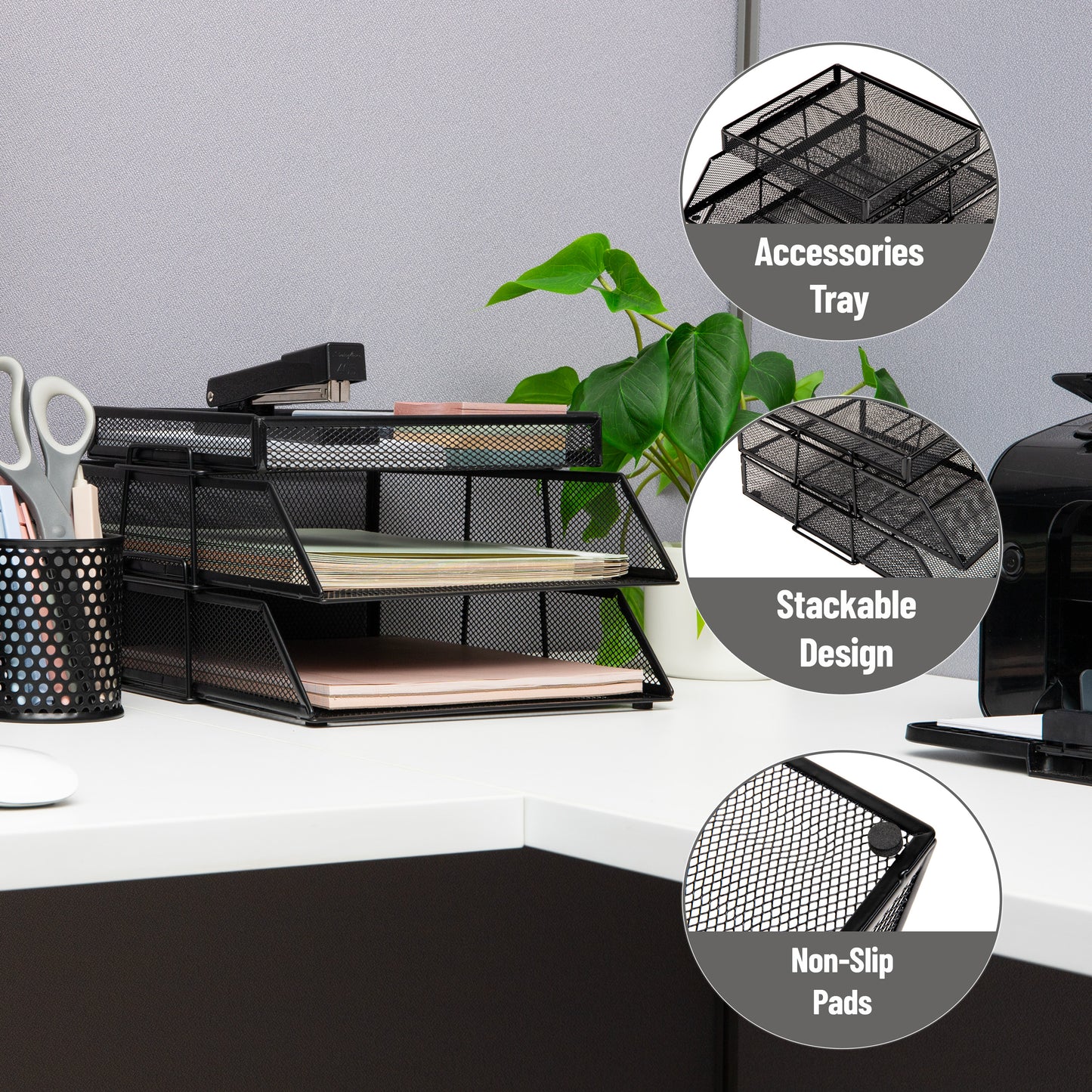 Mind Reader 2 Tier Paper Tray with Top Supply Compartment, Desktop File Organizer, Metal Mesh, Black