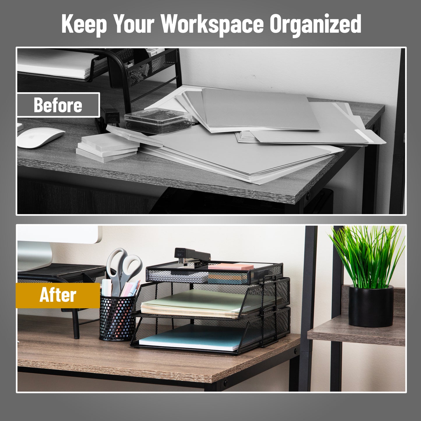 Mind Reader 2 Tier Paper Tray with Top Supply Compartment, Desktop File Organizer, Metal Mesh, Black