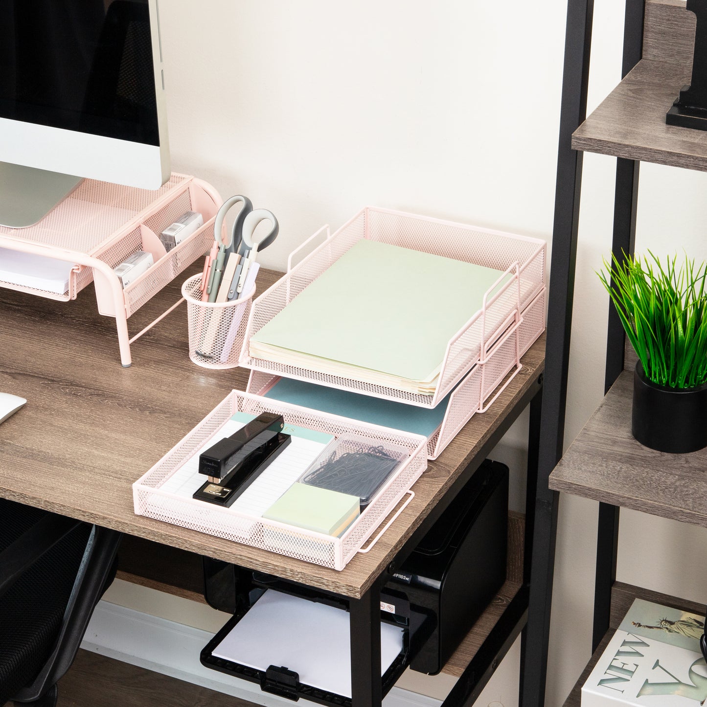 Mind Reader 2 Tier Paper Tray with Top Supply Compartment, Desktop File Organizer, Metal Mesh, Pink