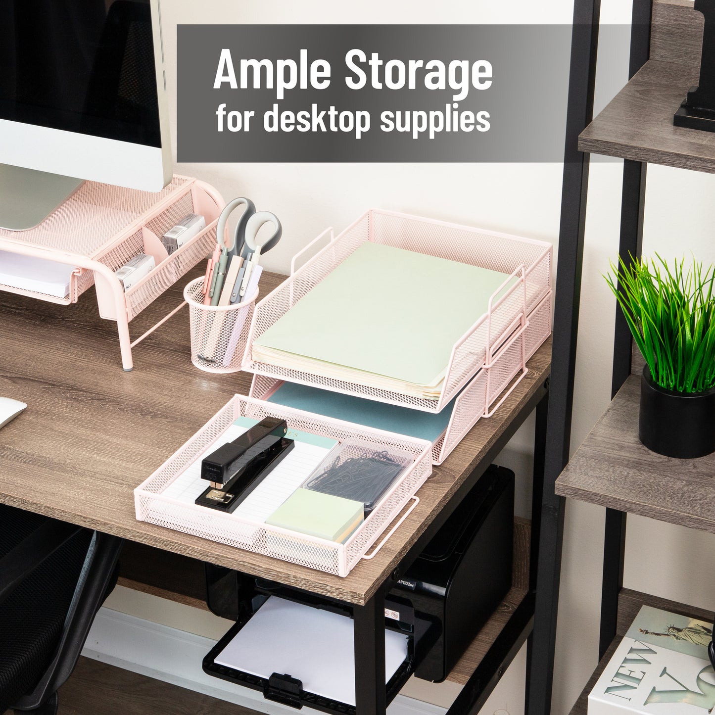 Mind Reader 2 Tier Paper Tray with Top Supply Compartment, Desktop File Organizer, Metal Mesh, Pink