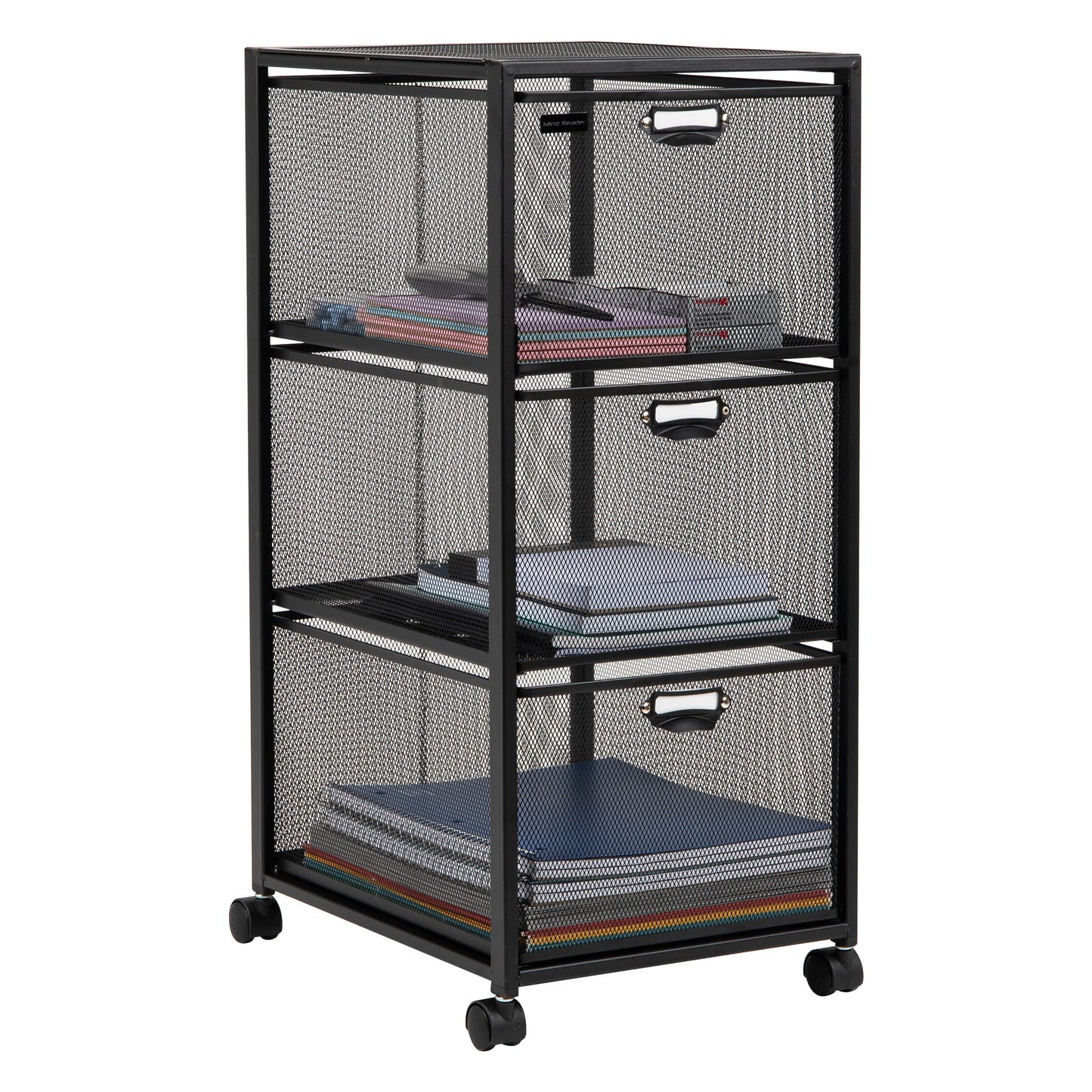 Mind Reader Network Collection, Rolling File Cabinet with Removable Drawers, Omnidirectional Wheels, Desk Organizer, Lightweight and Portable, Metal Mesh, Black