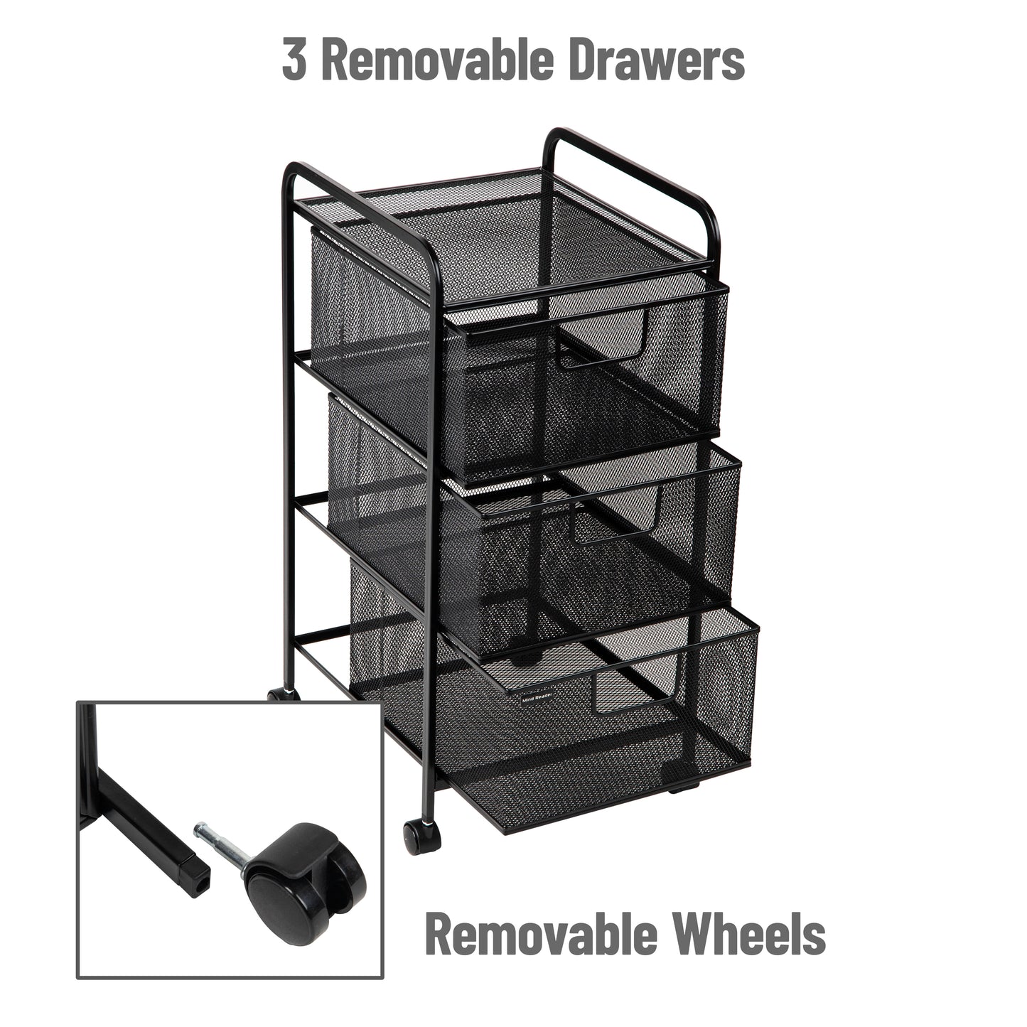 Mind Reader Rolling Storage Cart, Removable Drawers, Desk and Bathroom Organizer, Metal Mesh, 12.75"L x 13.25"W x 25"H, Black