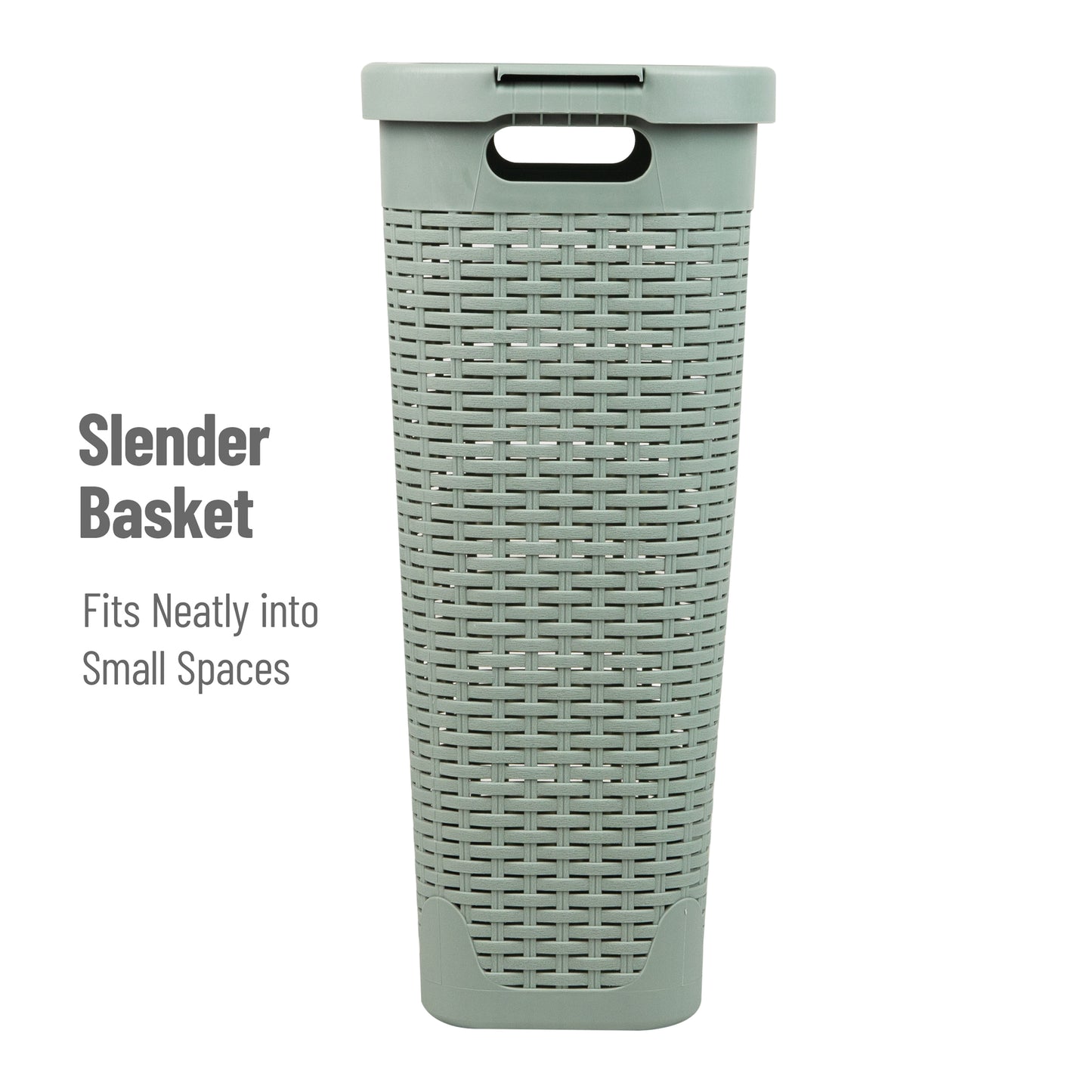 Mind Reader 40L Slim Laundry Hamper, Clothes Basket, Lid, Wicker Design, Plastic, 18"L x 10.4"W x 23.5"H