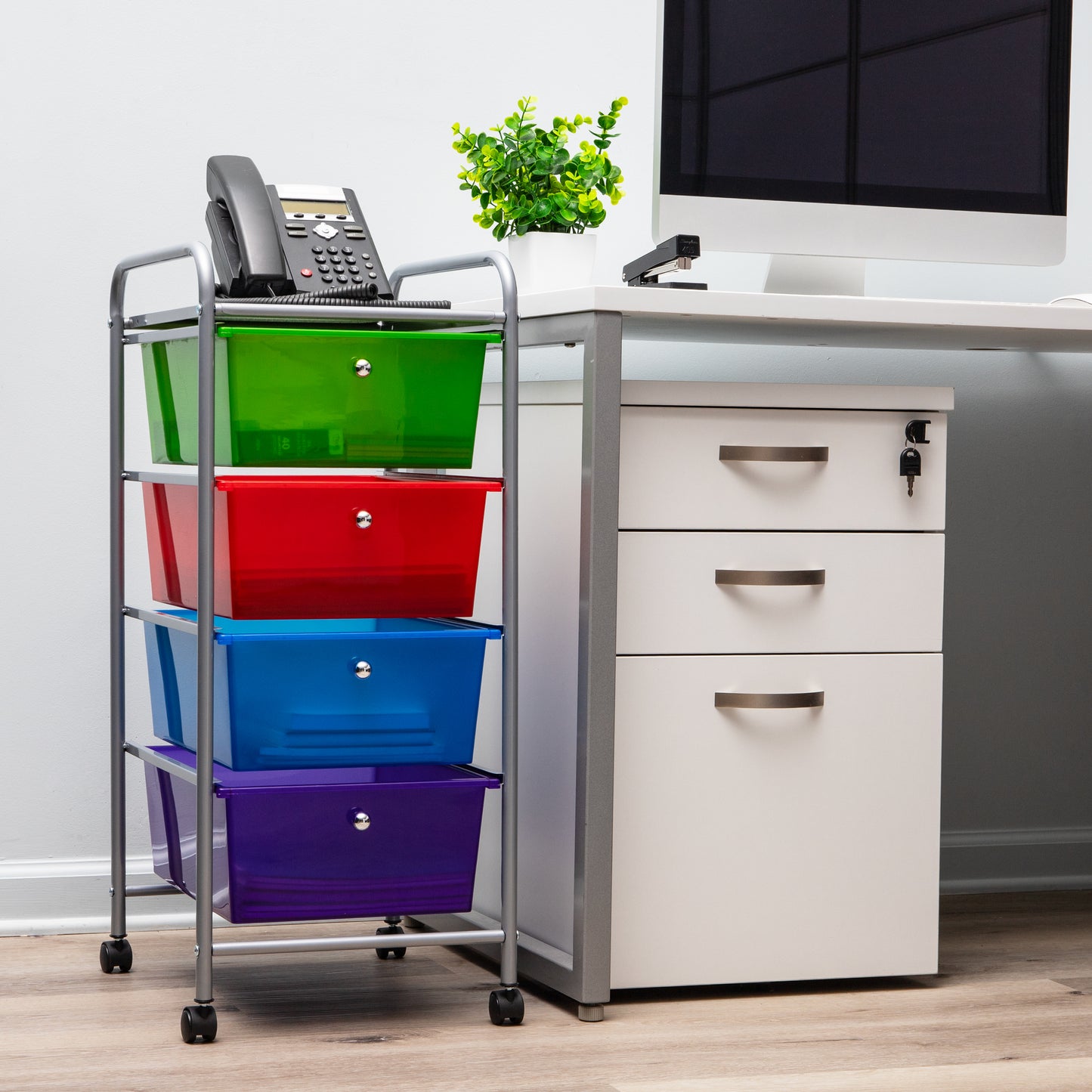 Mind Reader Elevate Collection, 4-Tier, 4-Drawer Mobile Utility Cart, Office Storage, 360° Omnidirectional Casters, Removable Drawers, Metal and Plastic, 15.25"L x 12.75"W x 30"H, Multi-color