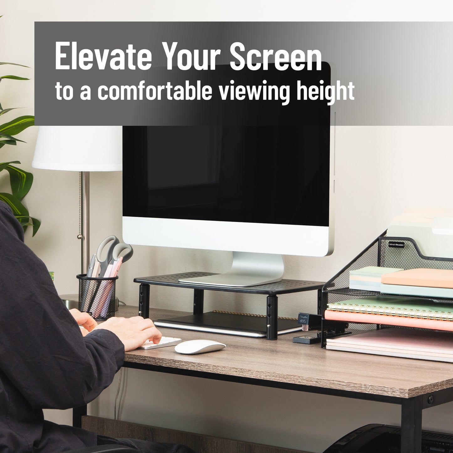 Mind Reader Monitor Stand, Height Adjustable, Ventilated Laptop Riser, Office, Metal, Black