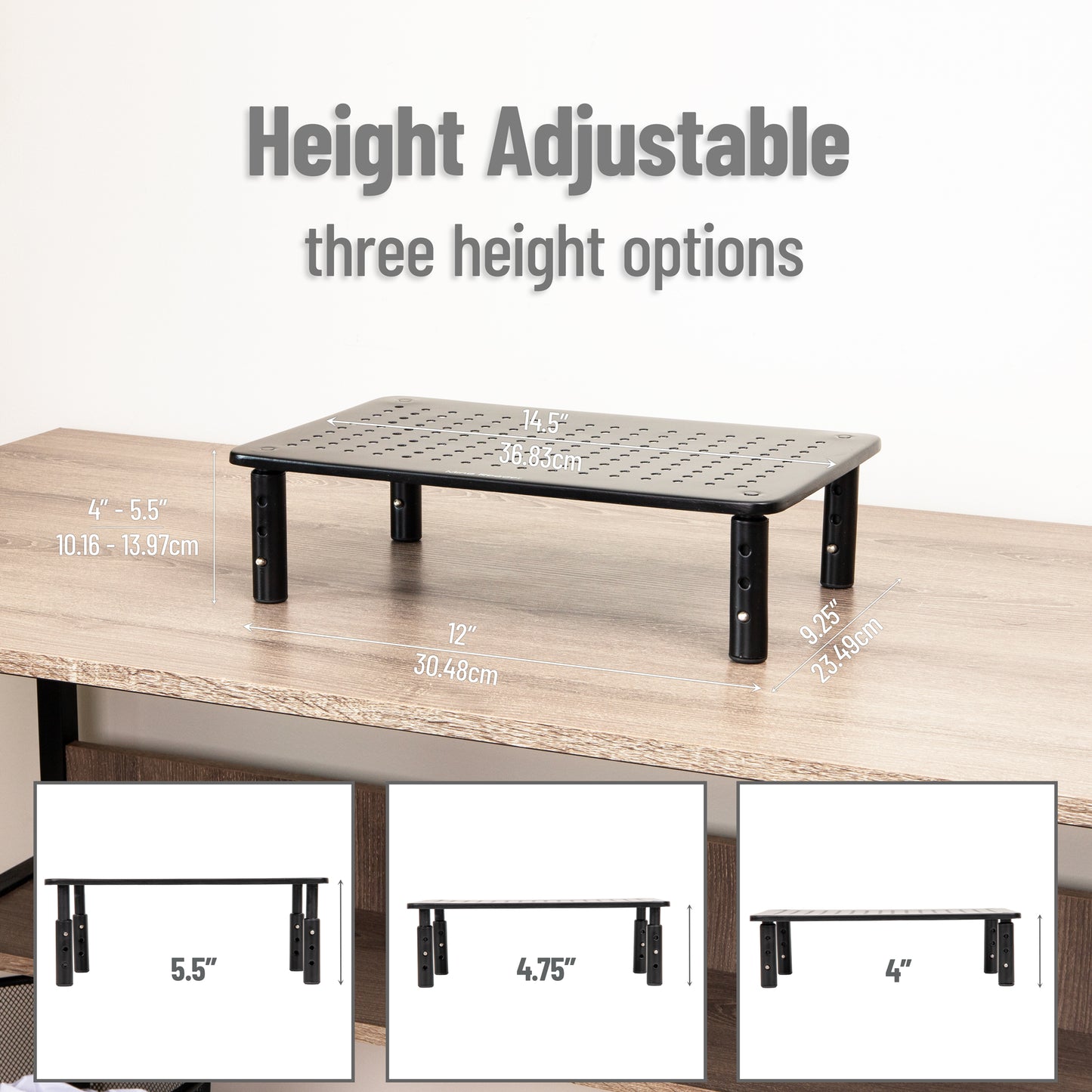 Mind Reader Monitor Stand, Height Adjustable, Ventilated Laptop Riser, Office, Metal, Black