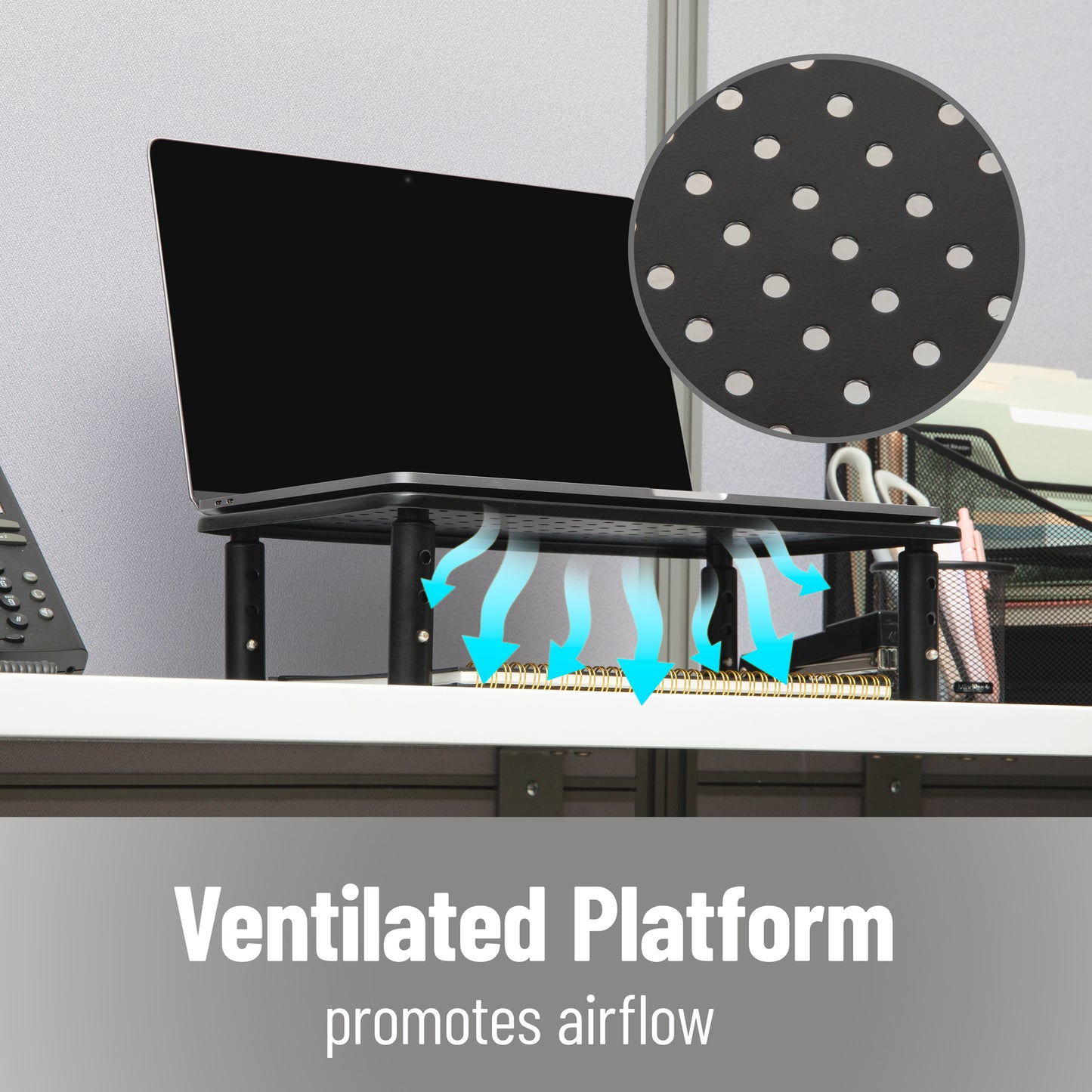 Mind Reader Monitor Stand, Height Adjustable, Ventilated Laptop Riser, Office, Metal, Black