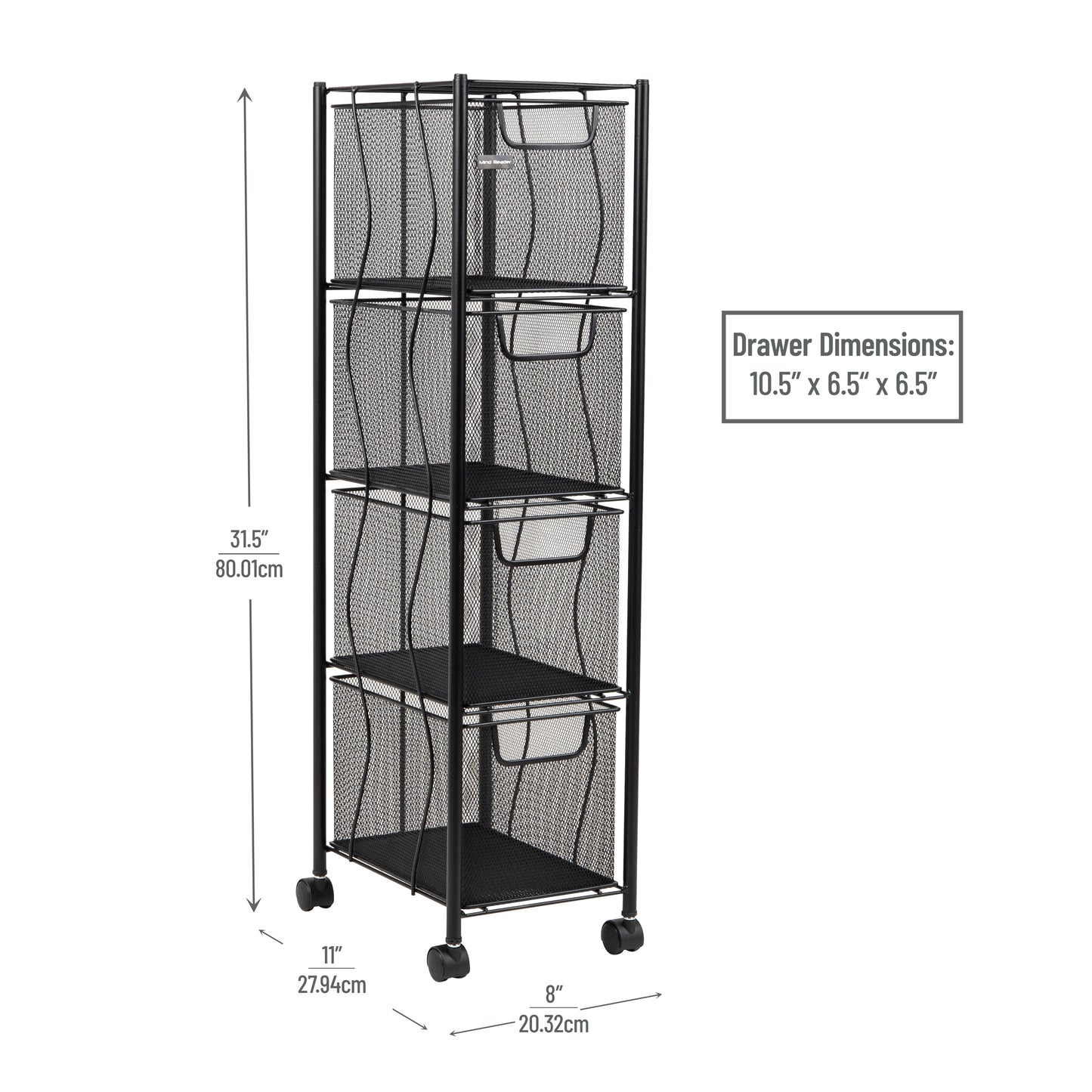 Mind Reader Rolling Cabinet with Drawers, Desk Art Supply Organizer, Storage, Kitchen, Metal Mesh, 8"L x 11"W x 31.5"H, Black