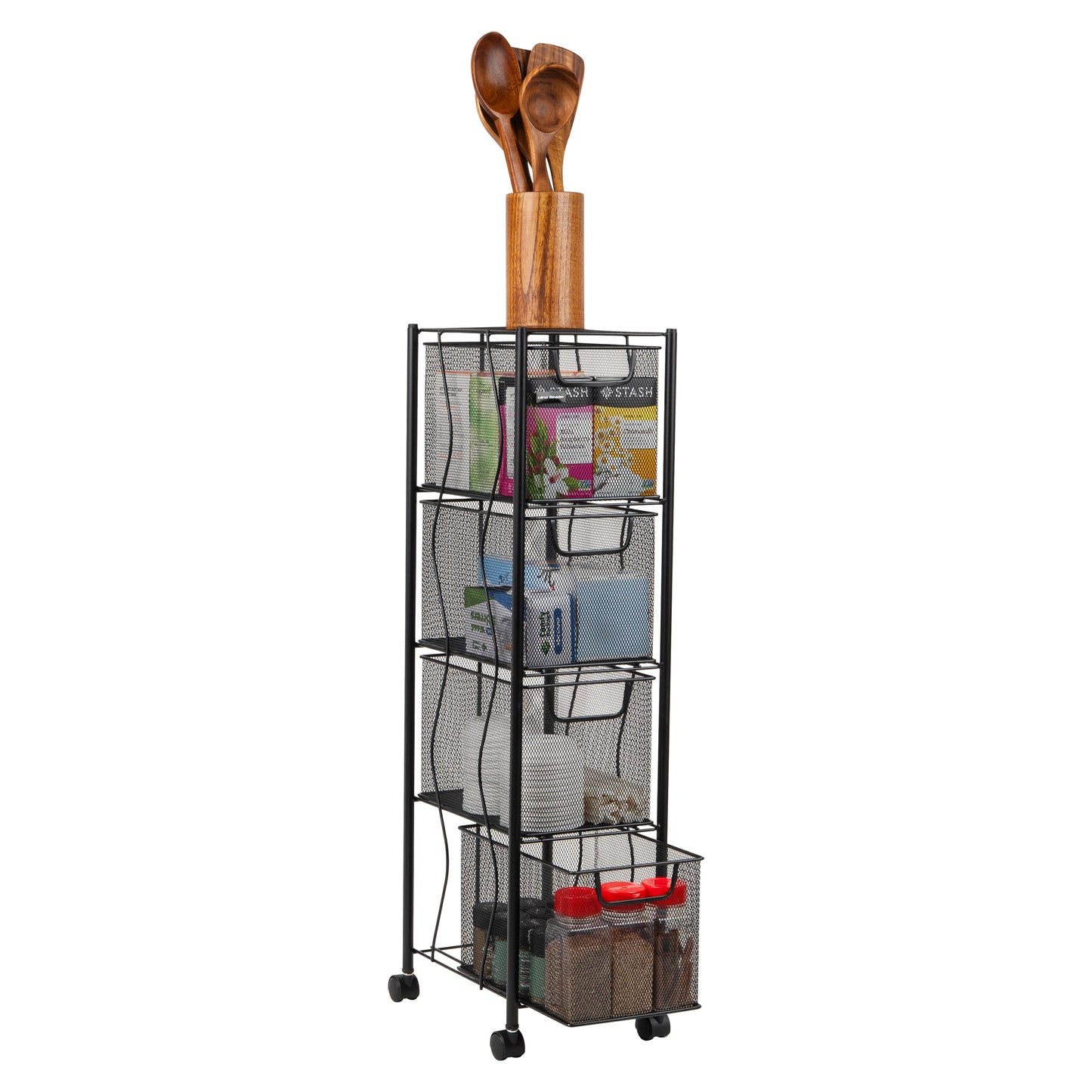 Mind Reader Rolling Cabinet with Drawers, Desk Art Supply Organizer, Storage, Kitchen, Metal Mesh, 8"L x 11"W x 31.5"H, Black