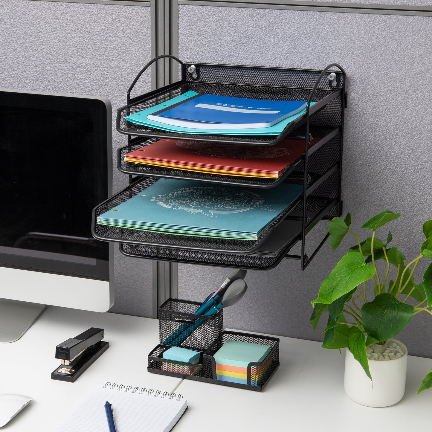 Mind Reader 3 or 4-Tier Paper Tray, Desktop Organizer, Wall Mountable, Office, Metal Mesh, Black