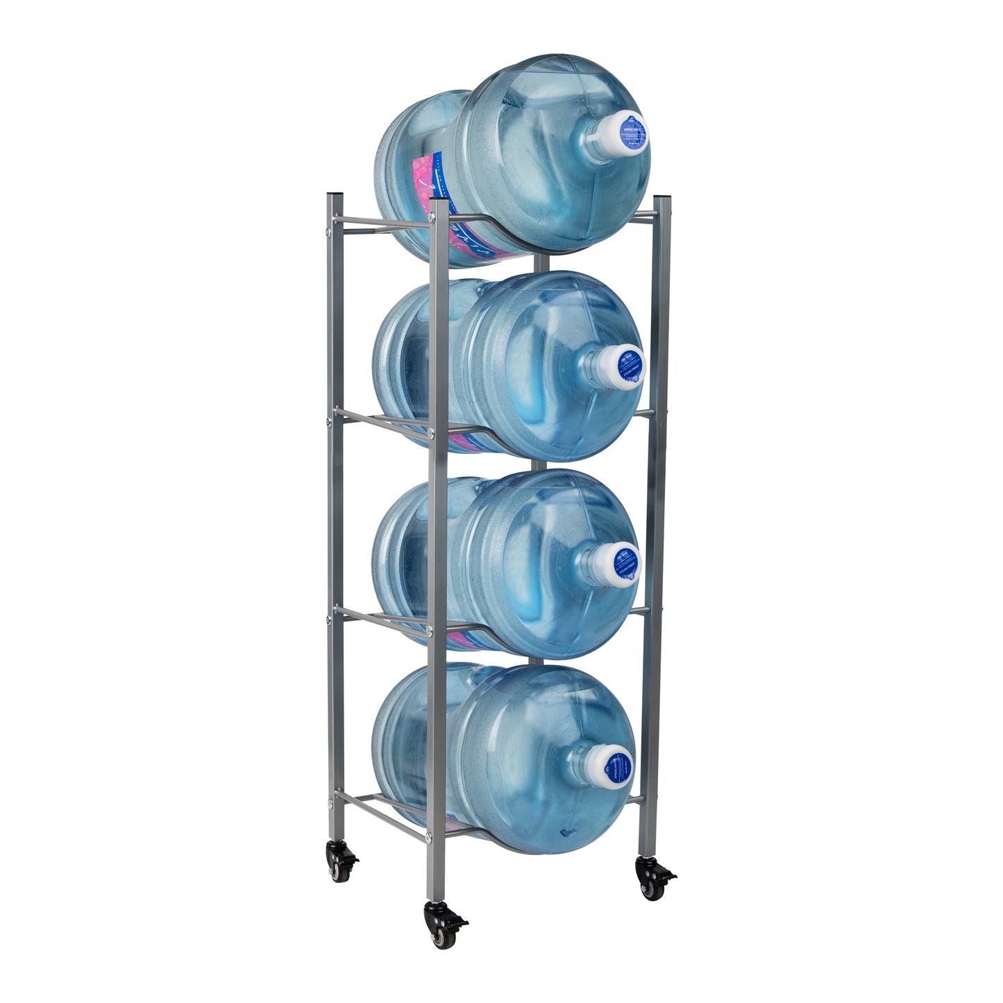 Mind Reader Water Jug Stand, Holds three or four 5 Gallon Jugs, Water Cooler, Rack, Wheels, Metal, 16.5"L x 13.75"W, Gray