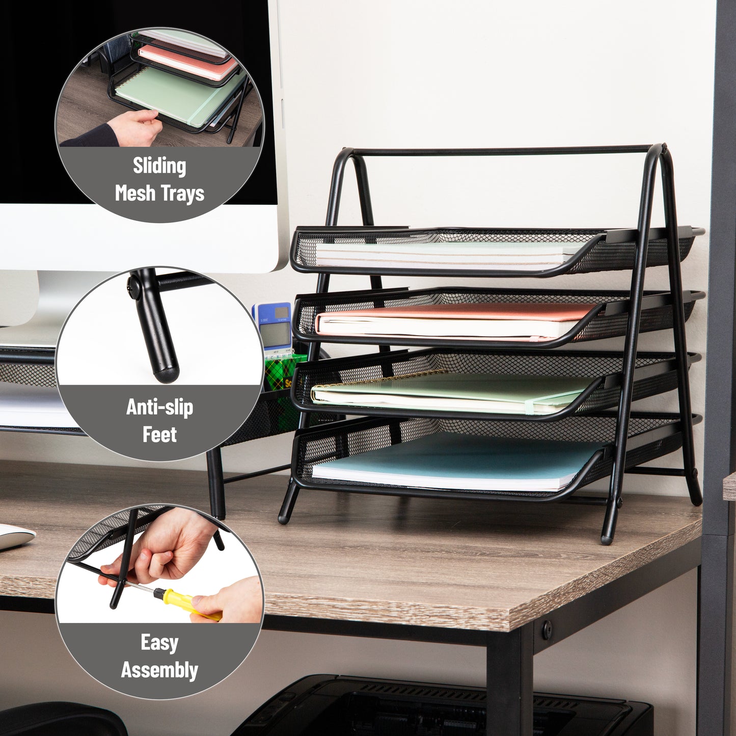 Mind Reader 4-Tier Paper Tray, Desktop Organizer, File Storage, Workspace, Office, Metal Mesh, 11.75"L x 13.75"W x 12.5"H