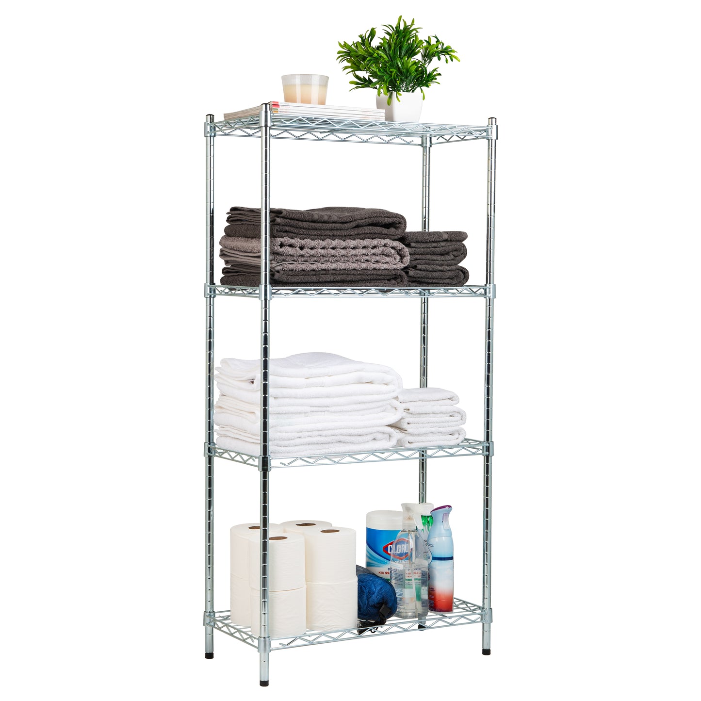 Mind Reader Alloy Collection, Adjustable, 4-Tier Industrial Storage Shelves, Metal, 23.5"L x 11.75"W x 48"H, Silver