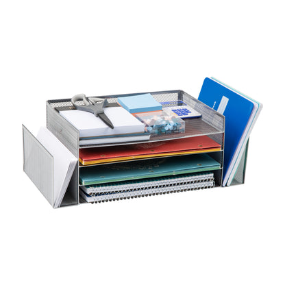 Mind Reader Network Collection, 4-Tier, 6 Compartment Storage with 4 Paper trays and 2 Side File Holders, Desktop Organizer, Metal Mesh, Silver