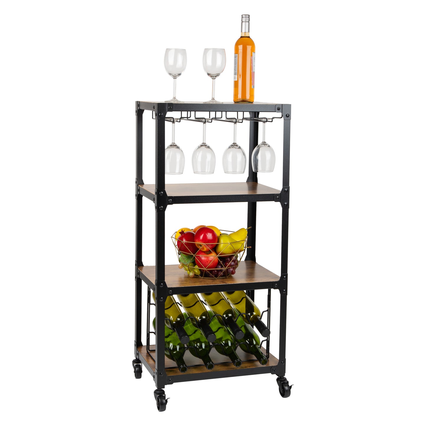 Mind Reader Bar Cart, Wine Rack, Kitchen Storage, Rolling, Utility Cart, Storage, Wood, Metal, 17.85"L x 12"W x 39"H, Brown