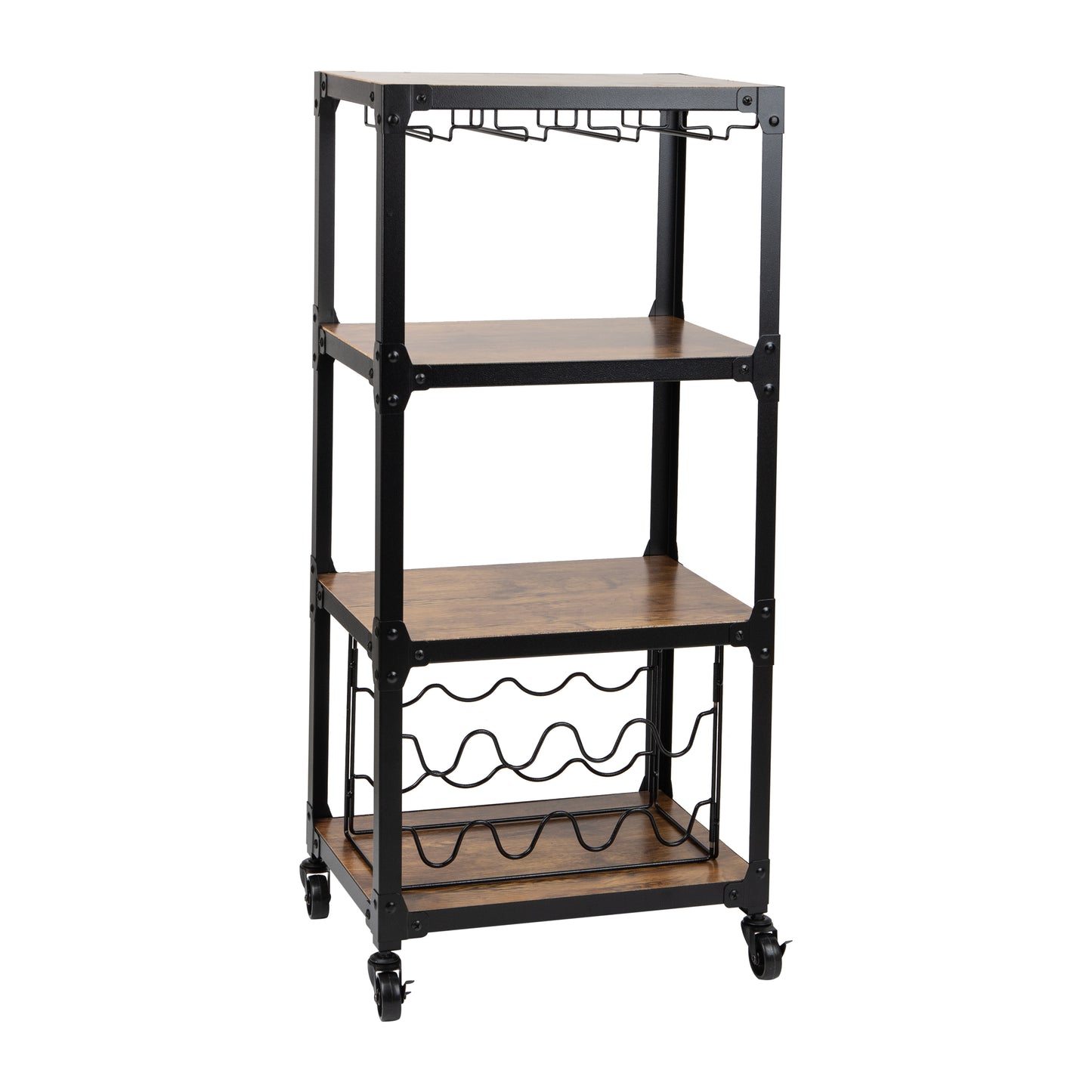 Mind Reader Woodland Collection, Rolling 4-Tier Cart with Stemware Rack and Wine Rack, Utility Cart, Bar Cart, Omnidirectional Smooth Gliding Lockable Wheels, Wood and Metal, Brown