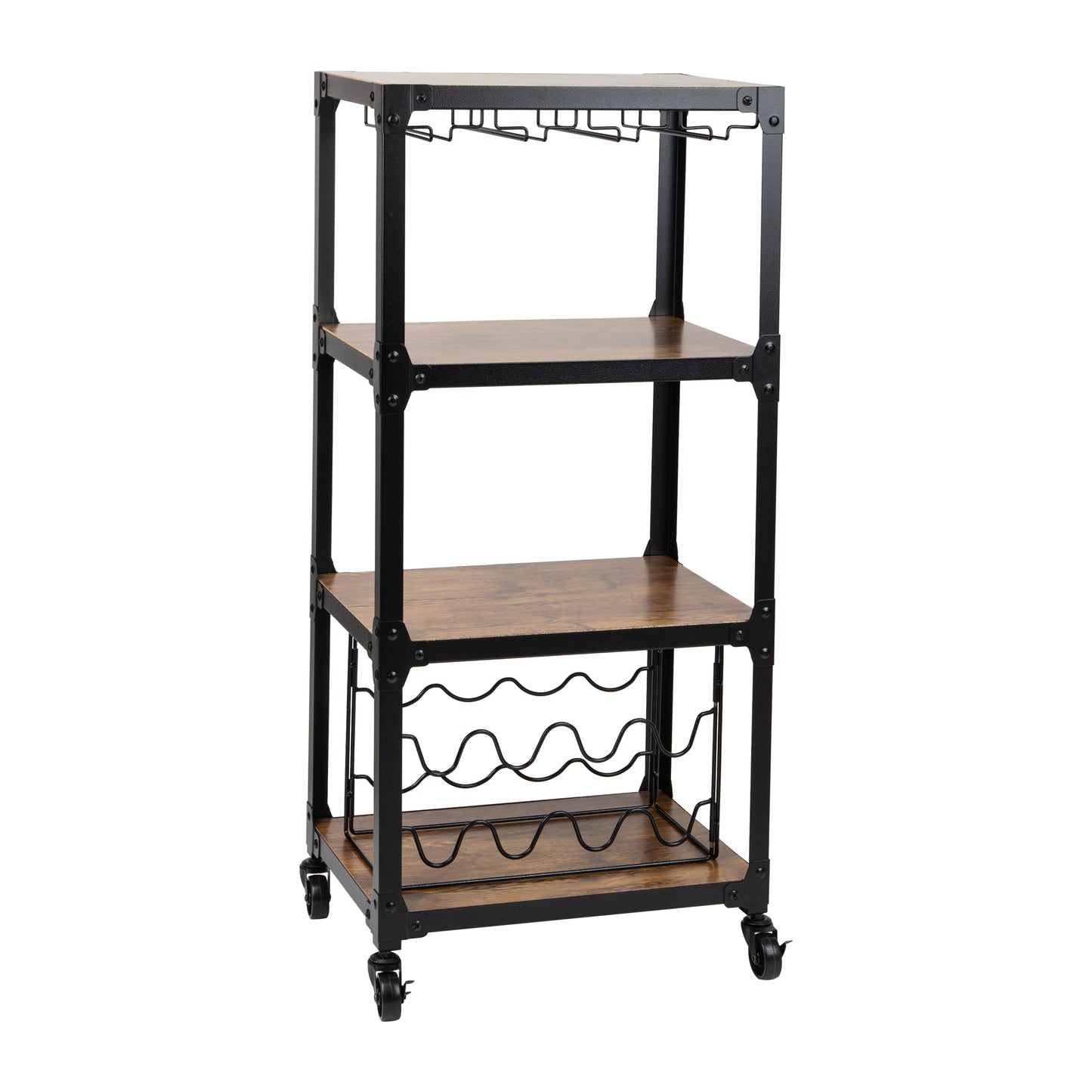 Mind Reader Bar Cart, Wine Rack, Kitchen Storage, Rolling, Utility Cart, Storage, Wood, Metal, 17.85"L x 12"W x 39"H, Brown