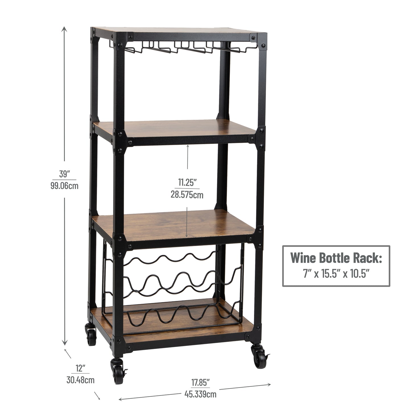 Mind Reader Woodland Collection, Rolling 4-Tier Cart with Stemware Rack and Wine Rack, Utility Cart, Bar Cart, Omnidirectional Smooth Gliding Lockable Wheels, Wood and Metal, Brown