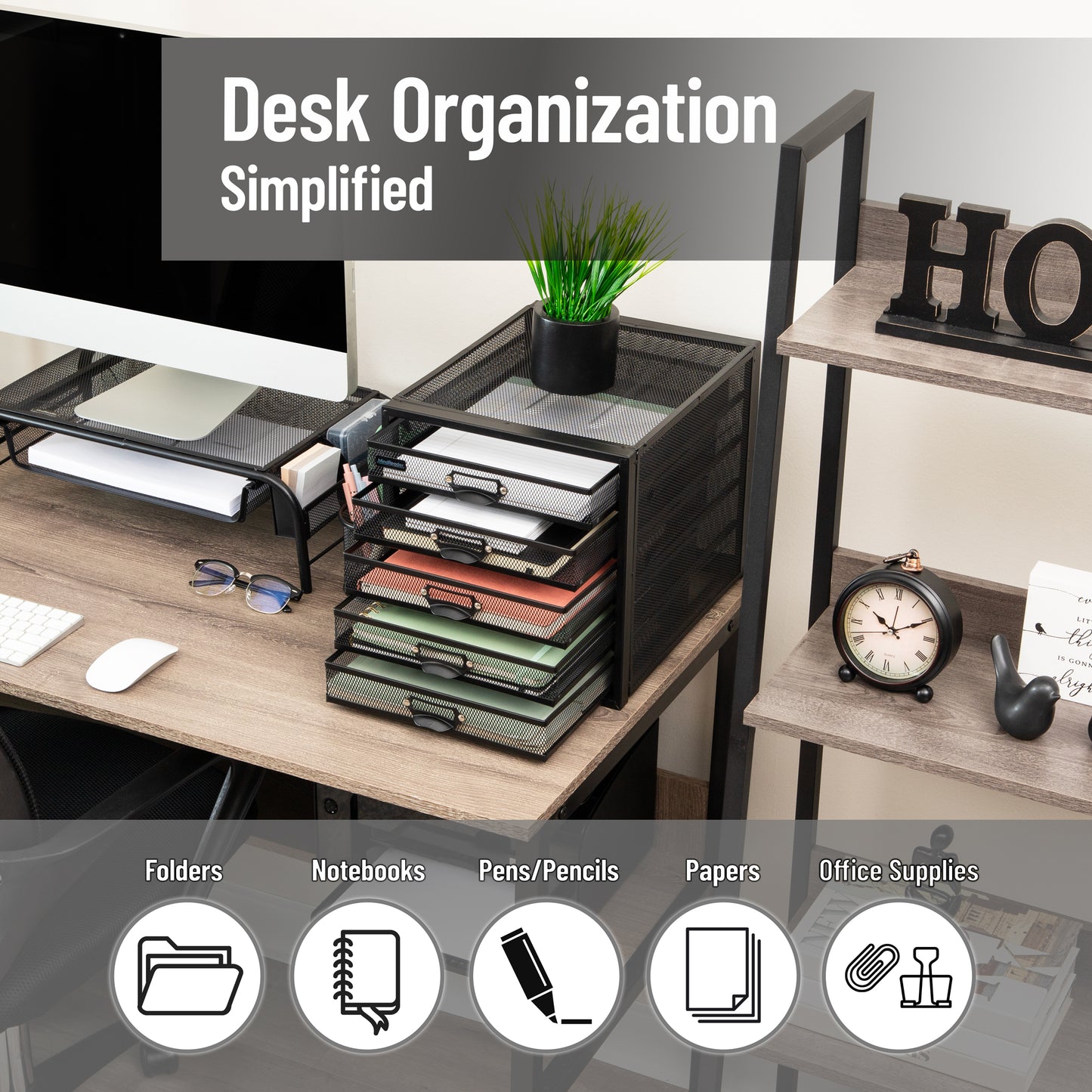 Mind Reader File Storage Drawers, Desk Organizer, Multi-Purpose, Crafts, Office, Metal Mesh, 11"L x 14"W x 11"H, Black