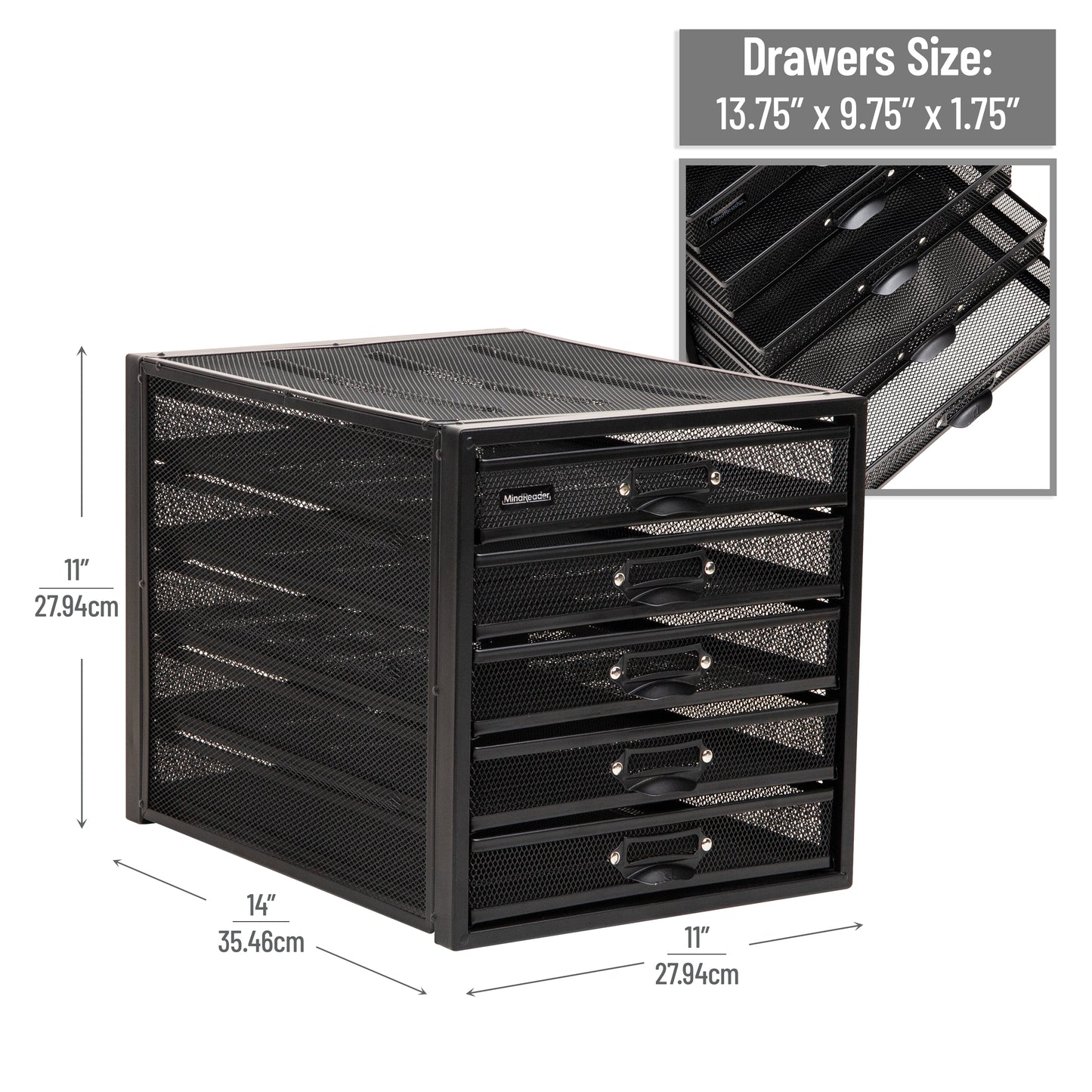 Mind Reader File Storage Drawers, Desk Organizer, Multi-Purpose, Crafts, Office, Metal Mesh, 11"L x 14"W x 11"H, Black