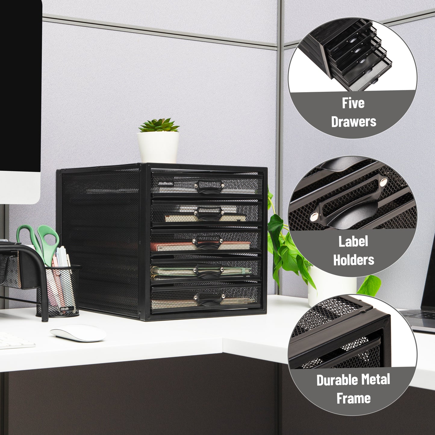 Mind Reader File Storage Drawers, Desk Organizer, Multi-Purpose, Crafts, Office, Metal Mesh, 11"L x 14"W x 11"H, Black